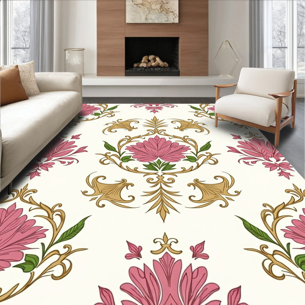 Pink Floral Swirls Gold Accents Rug