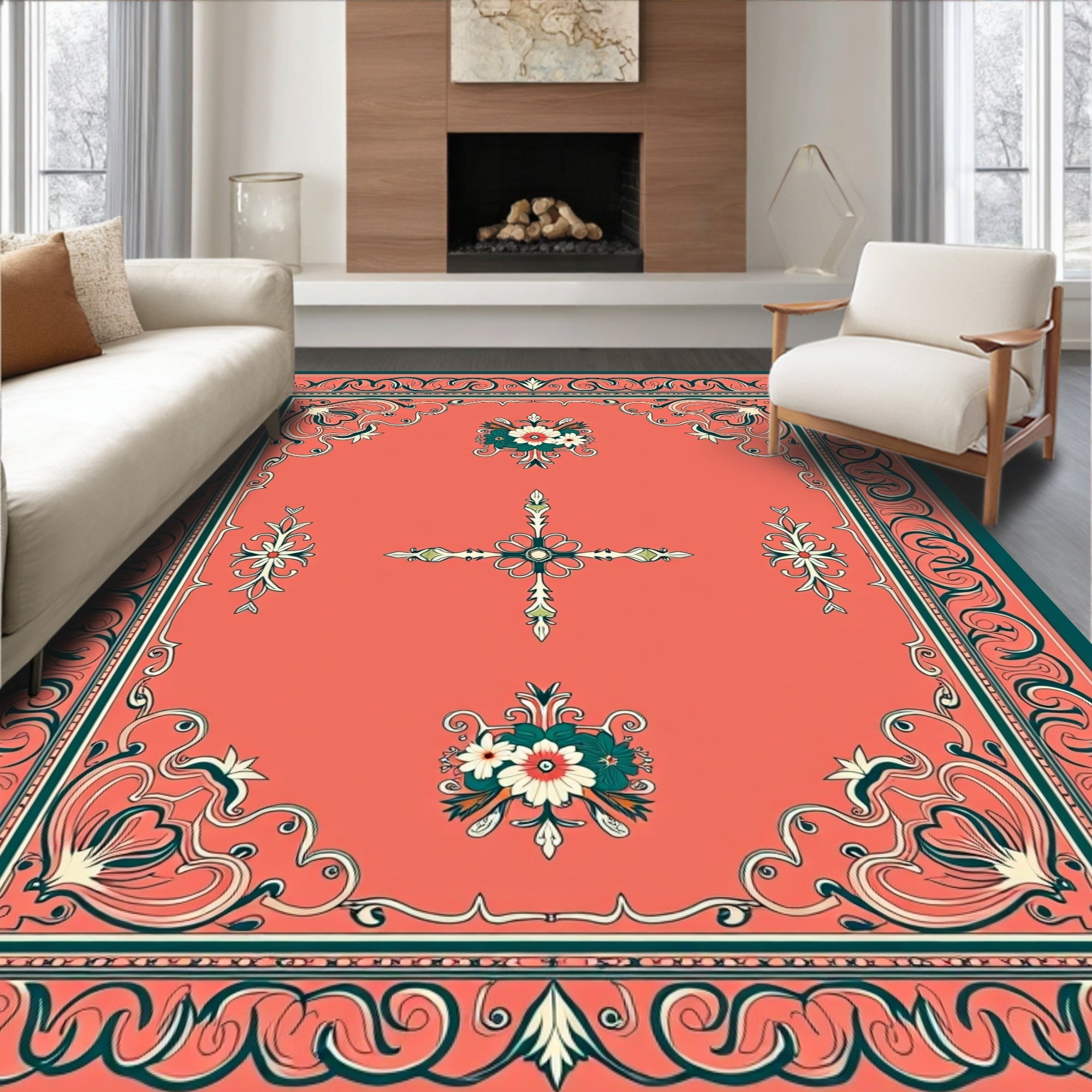 Ornate Coral Floral Scroll Framed Rug