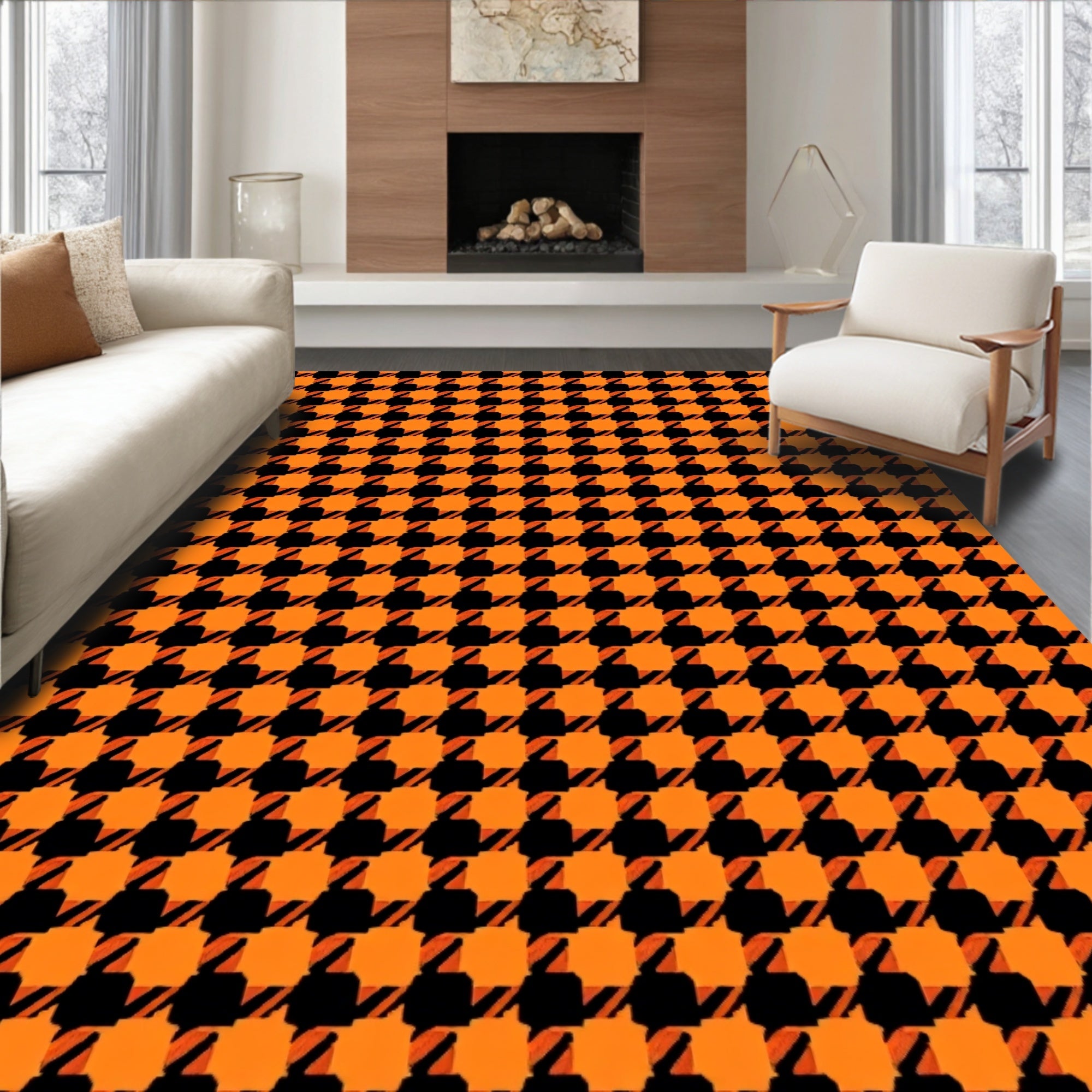 Orange Black Houndstooth Pattern Rug