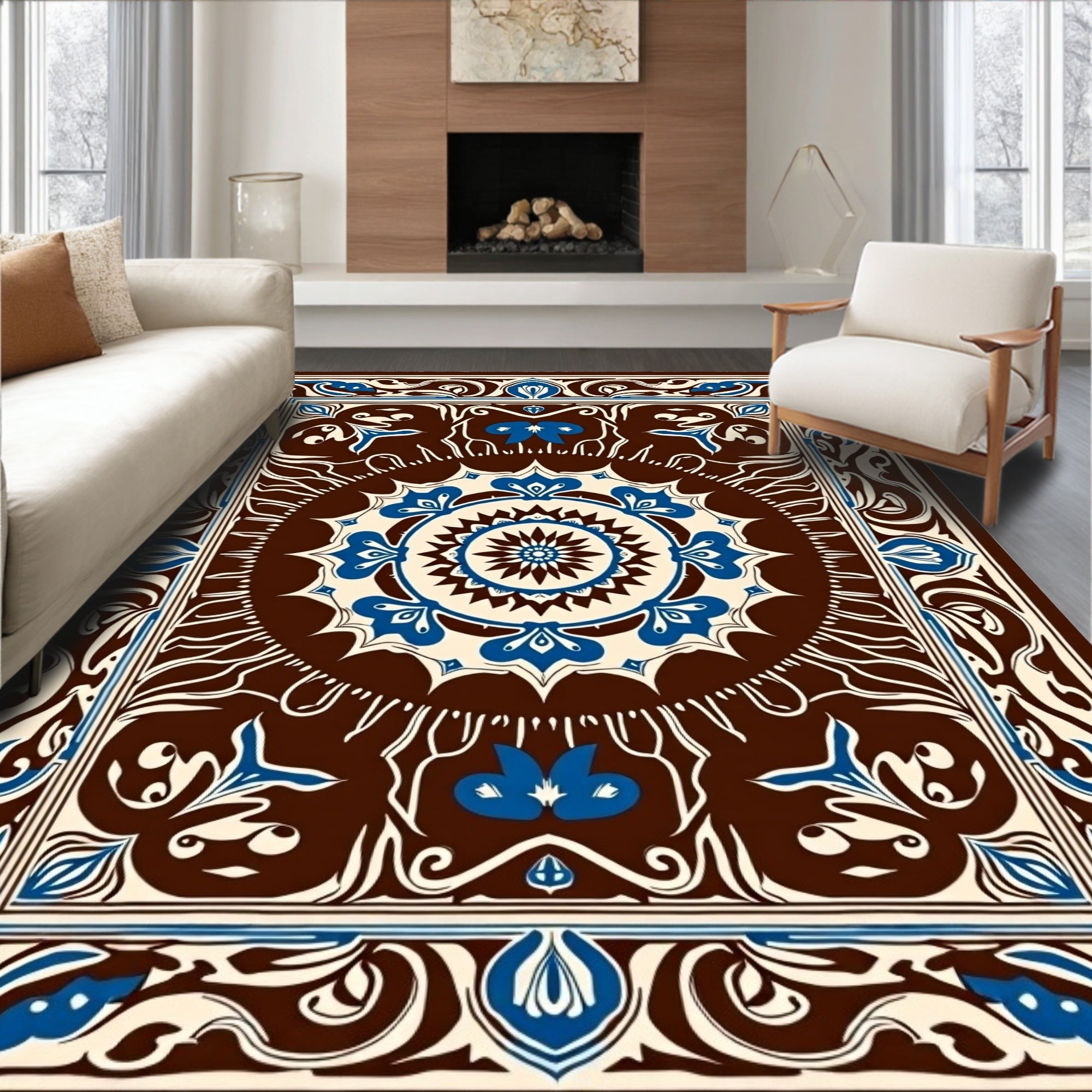 Rich Brown Blue Floral Mandala Design Rug