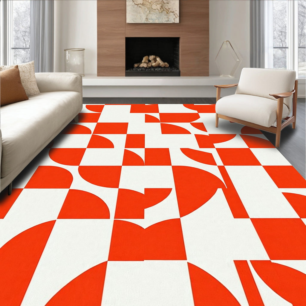 Bold Orange Geometric Checkerboard Rug