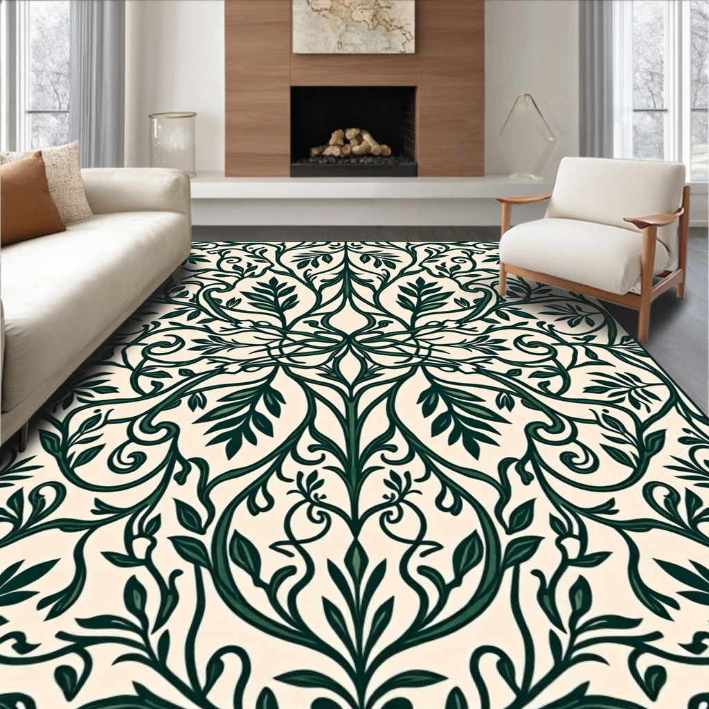 Elegant Dark Green Floral Vines Pattern Rug