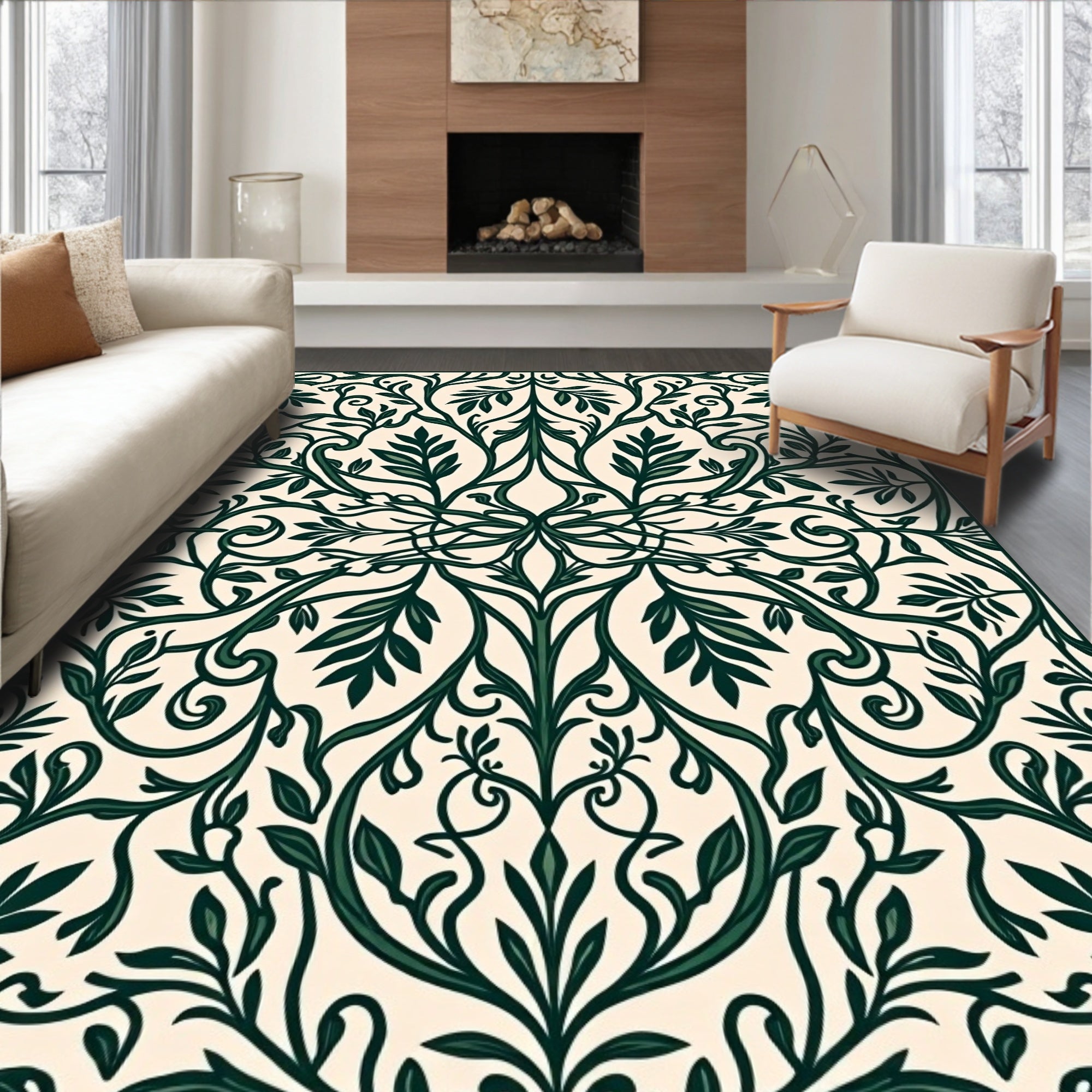 Elegant Dark Green Floral Vines Pattern Rug