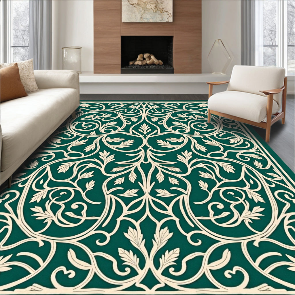 Elegant Ivory Leaf Scroll Design Rug