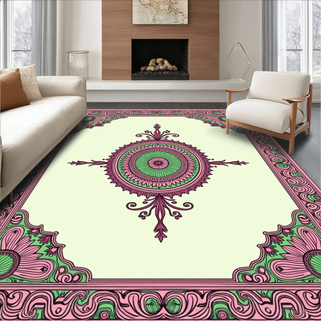 Pink Green Floral Mandala Design Rug