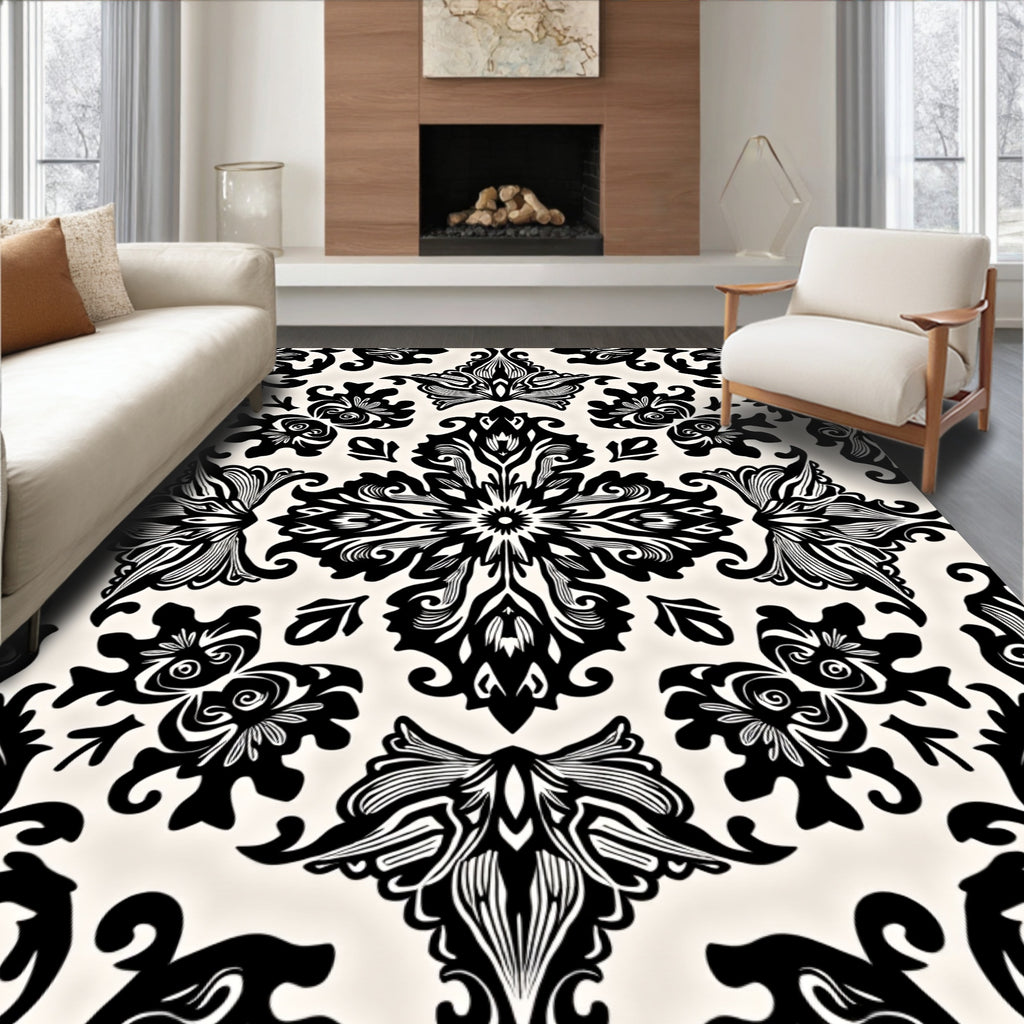 Ornate Black and White Floral Design Rug