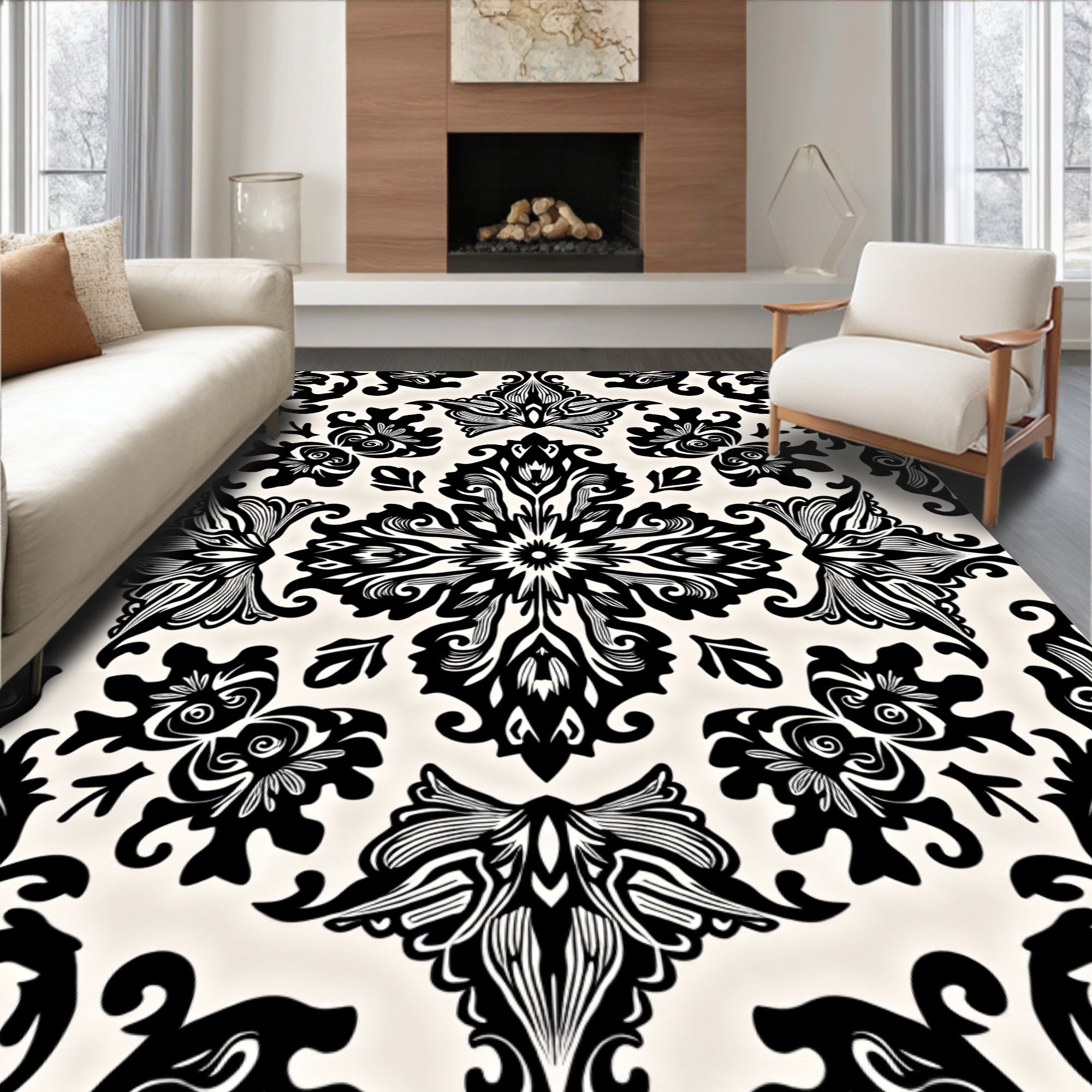 Ornate Black and White Floral Design Rug