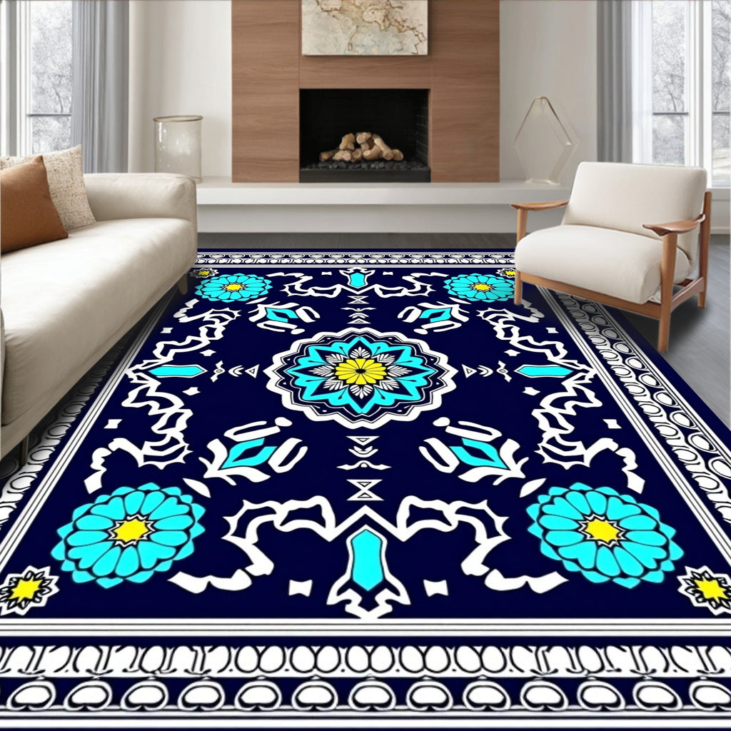 Indigo Floral Sunburst Geometric Rug