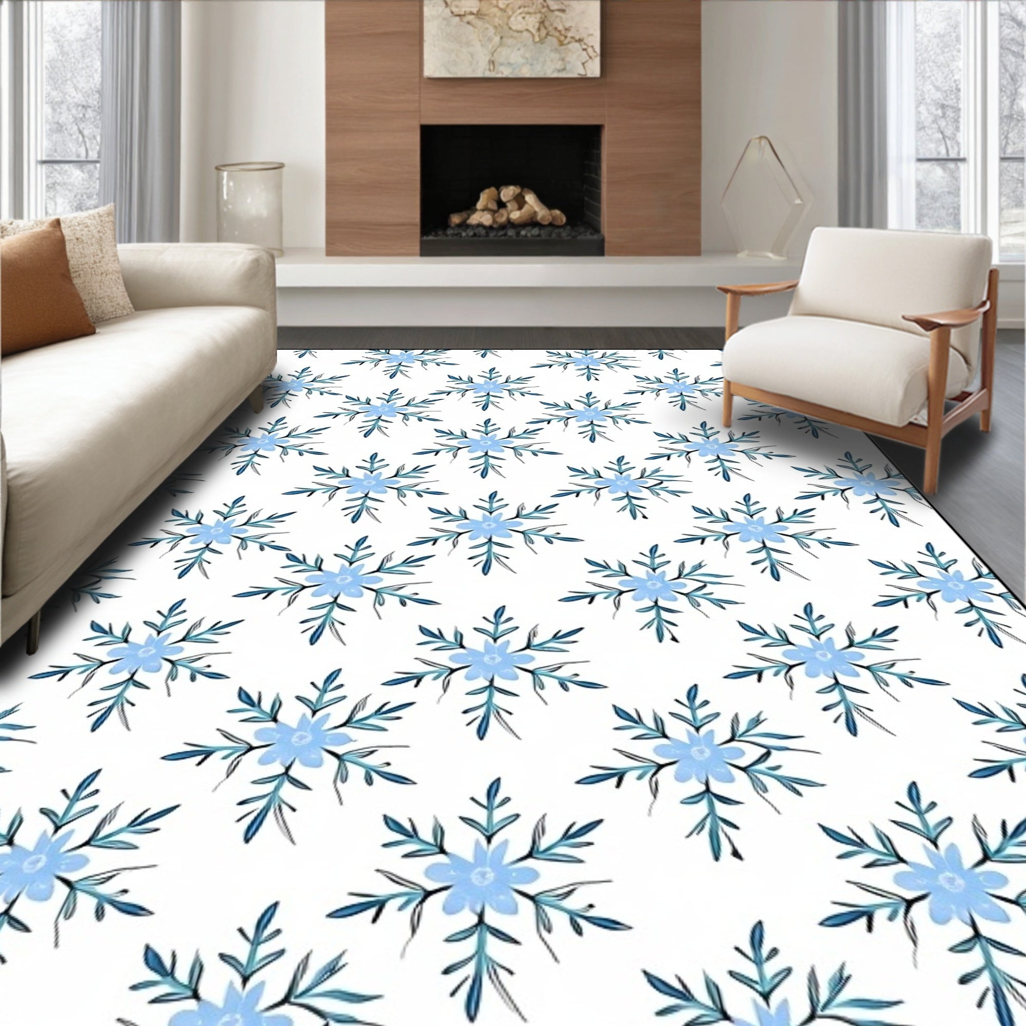 Light Blue Floral Snowflakes Repeating Rug