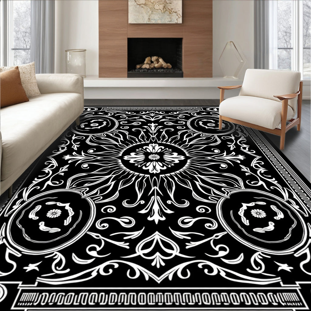 Black White Sun Floral Pattern Rug