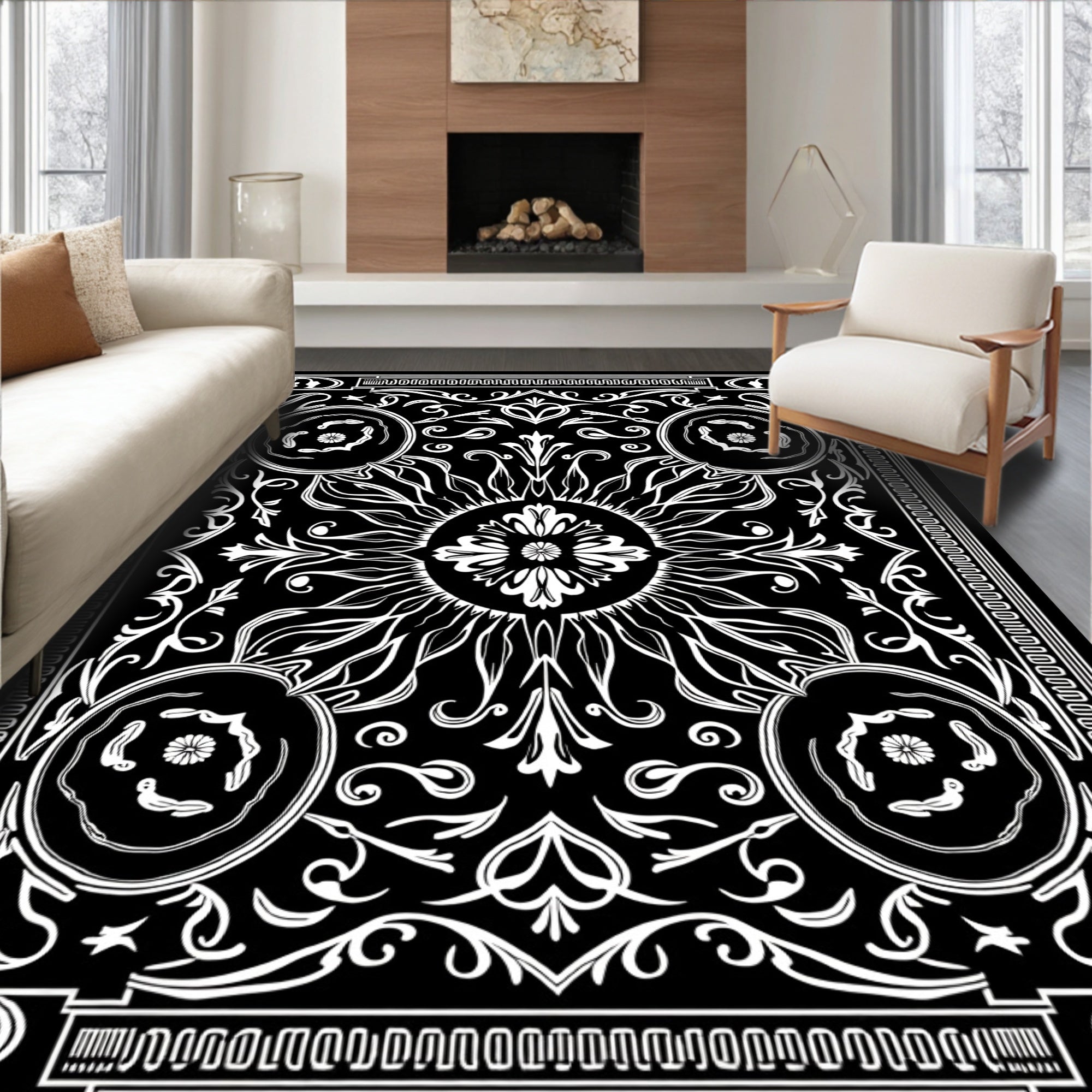 Black White Sun Floral Pattern Rug