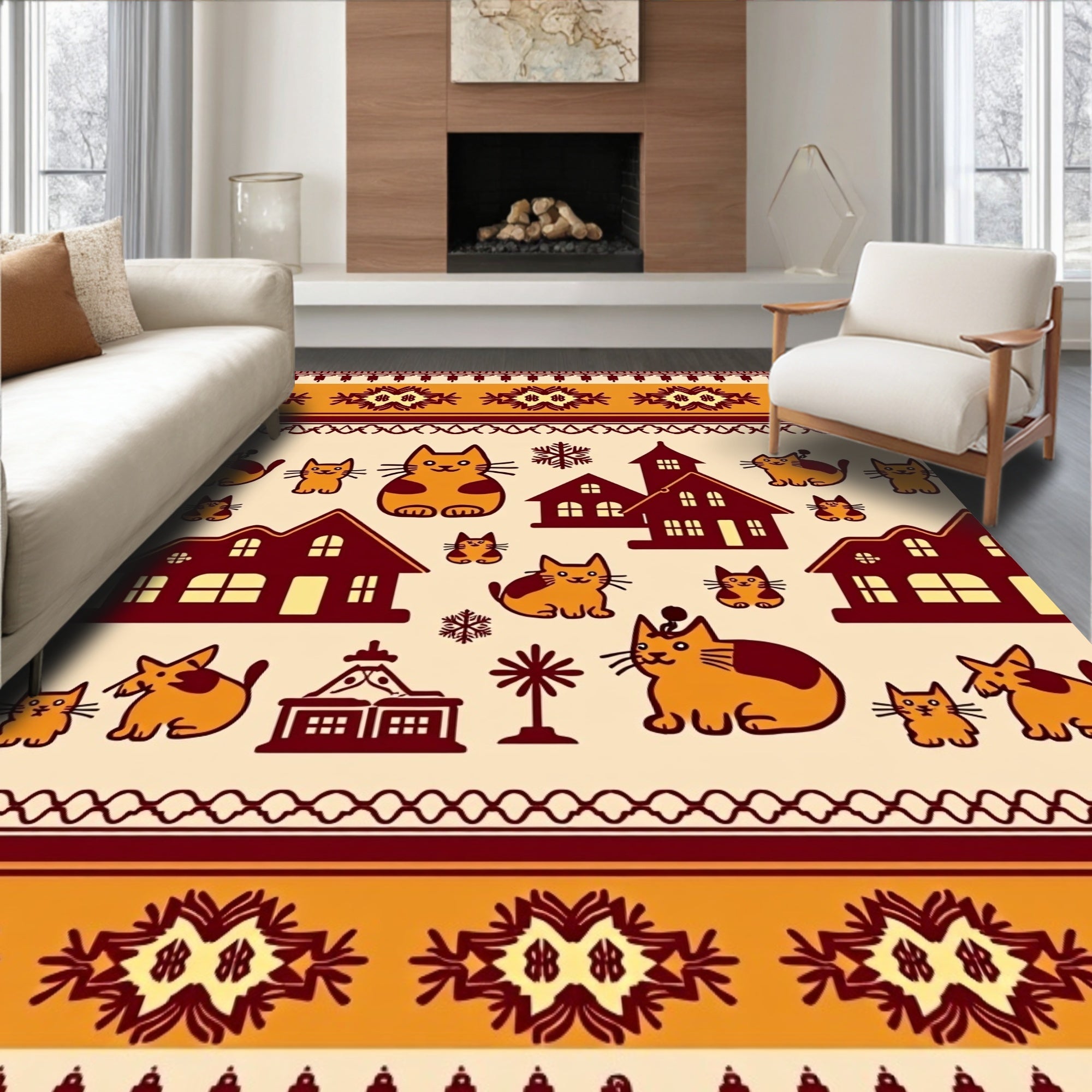 Whimsical Cats and Houses Pattern Rug