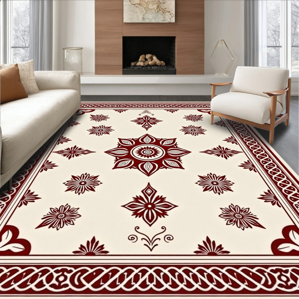 Deep Red Floral Medallion Pattern Rug