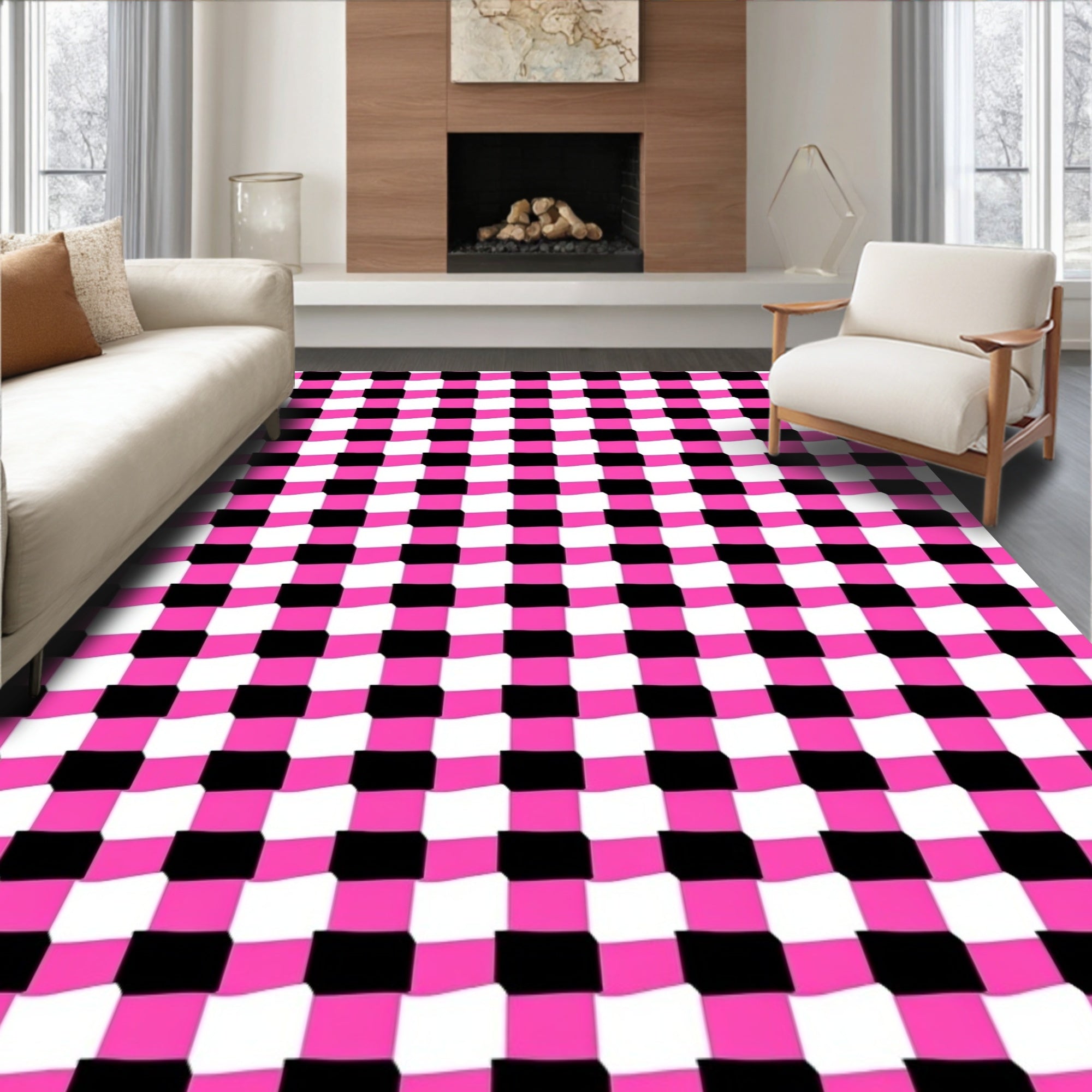 Bold Pink Black Optical Illusion Rug