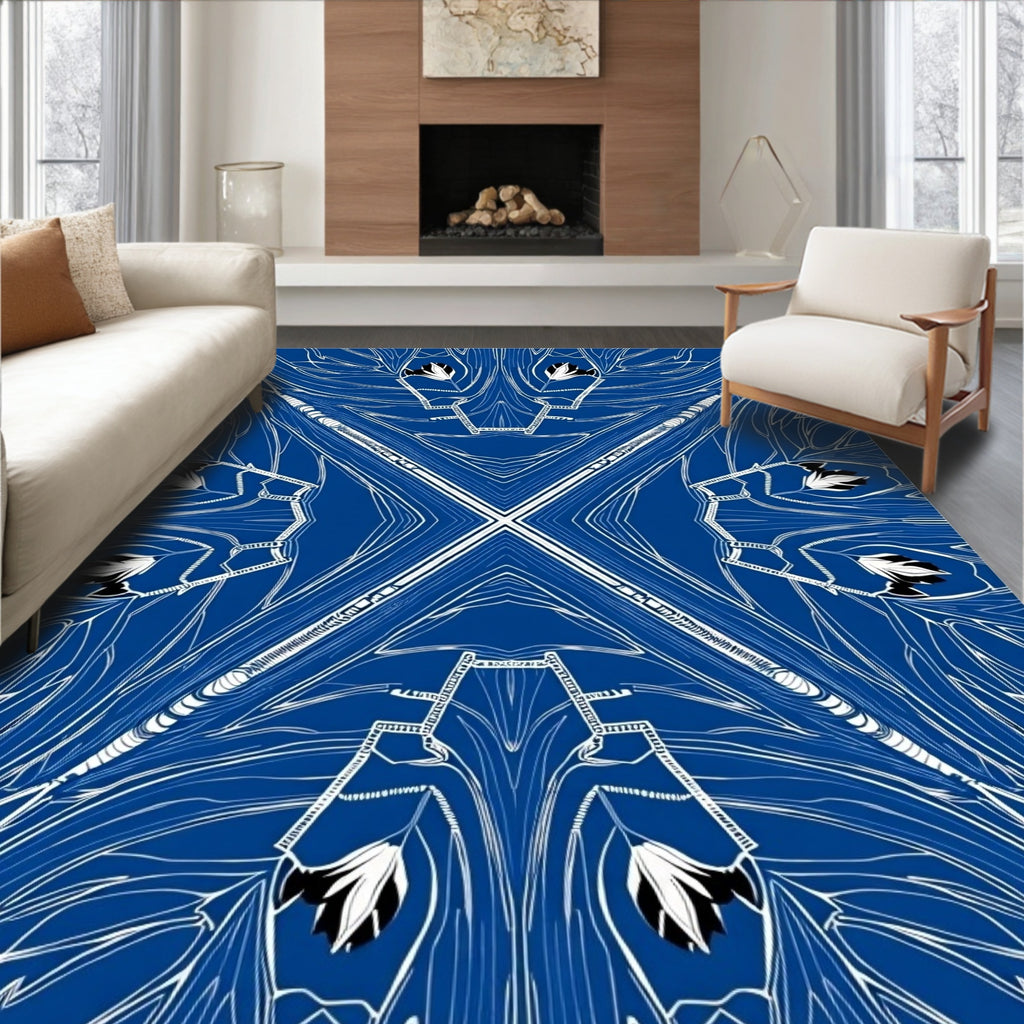 Abstract Blue White Floral Art Nouveau Rug