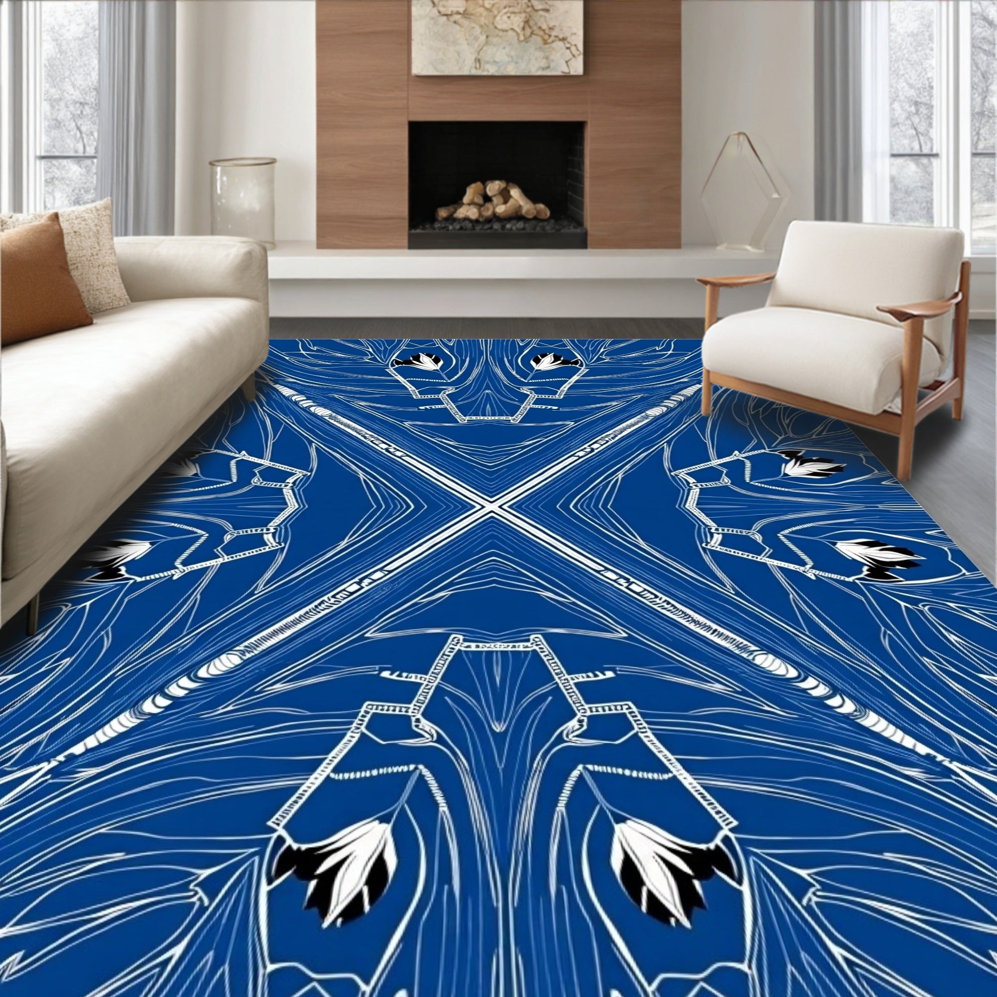 Abstract Blue White Floral Art Nouveau Rug
