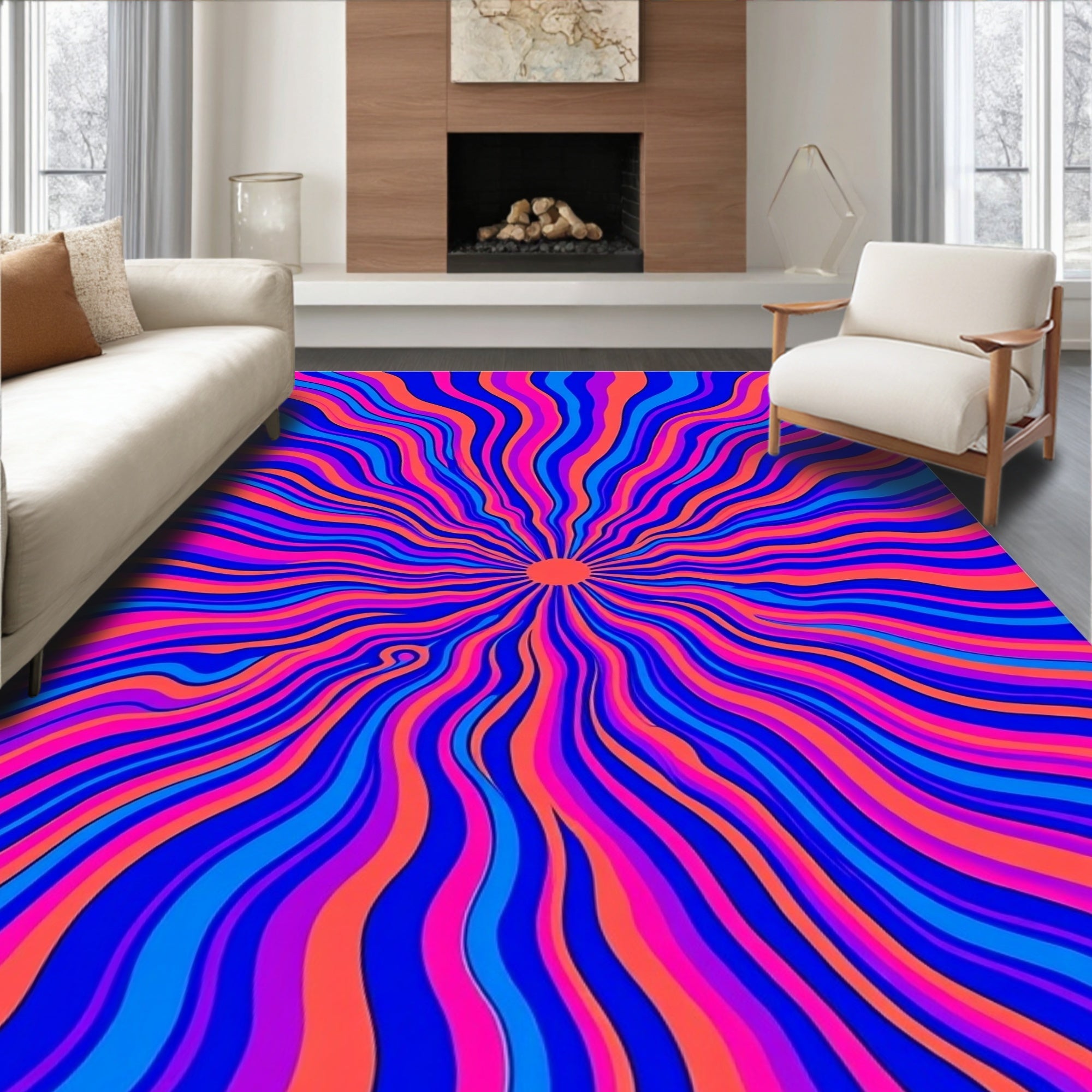 Vibrant Psychedelic Sunburst Swirl Rug