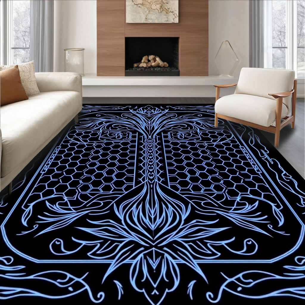 Intricate Blue Floral Hexagonal Design Rug