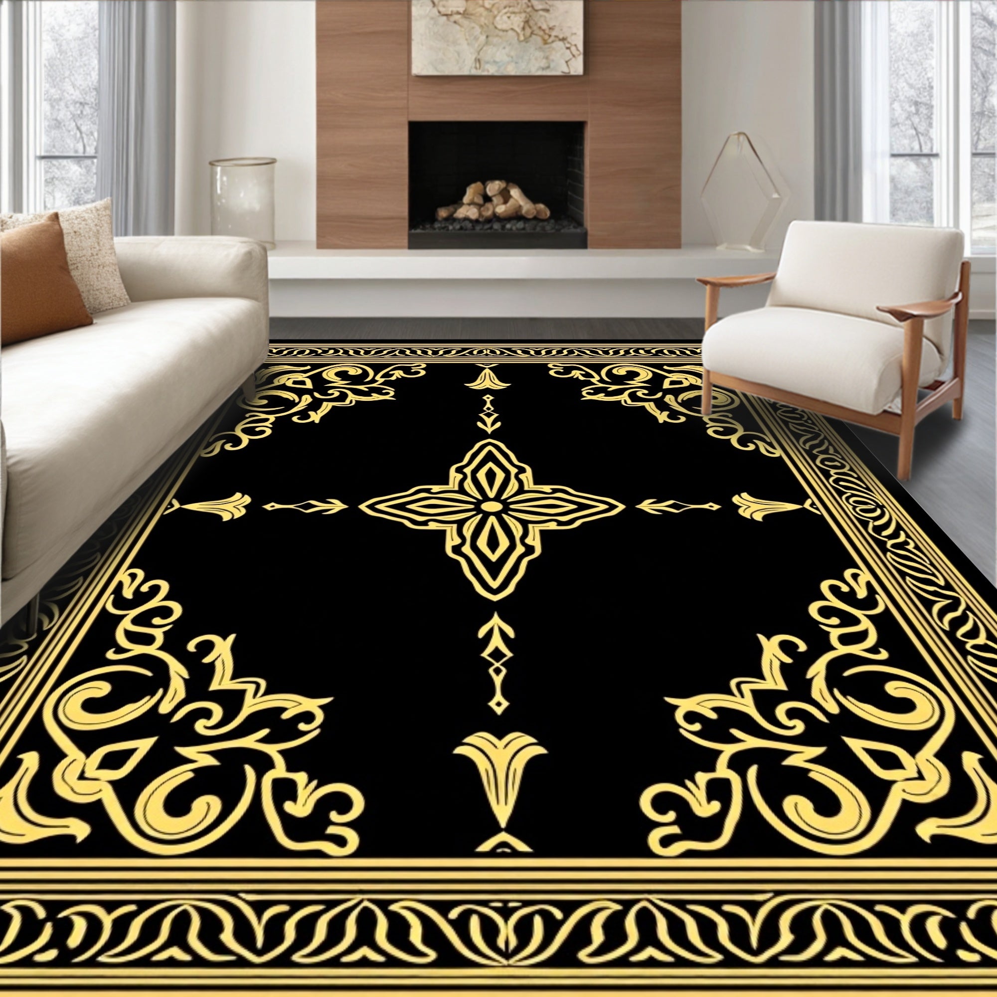 Black Gold Ornate Scroll Pattern Rug