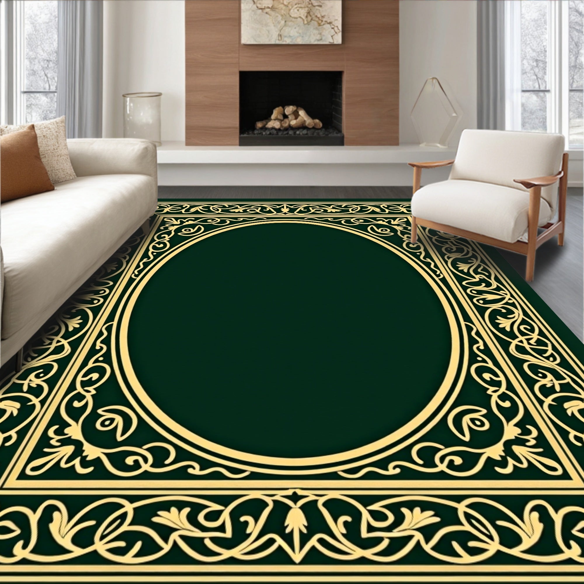 Elegant Gold Flourish Oval Border Rug