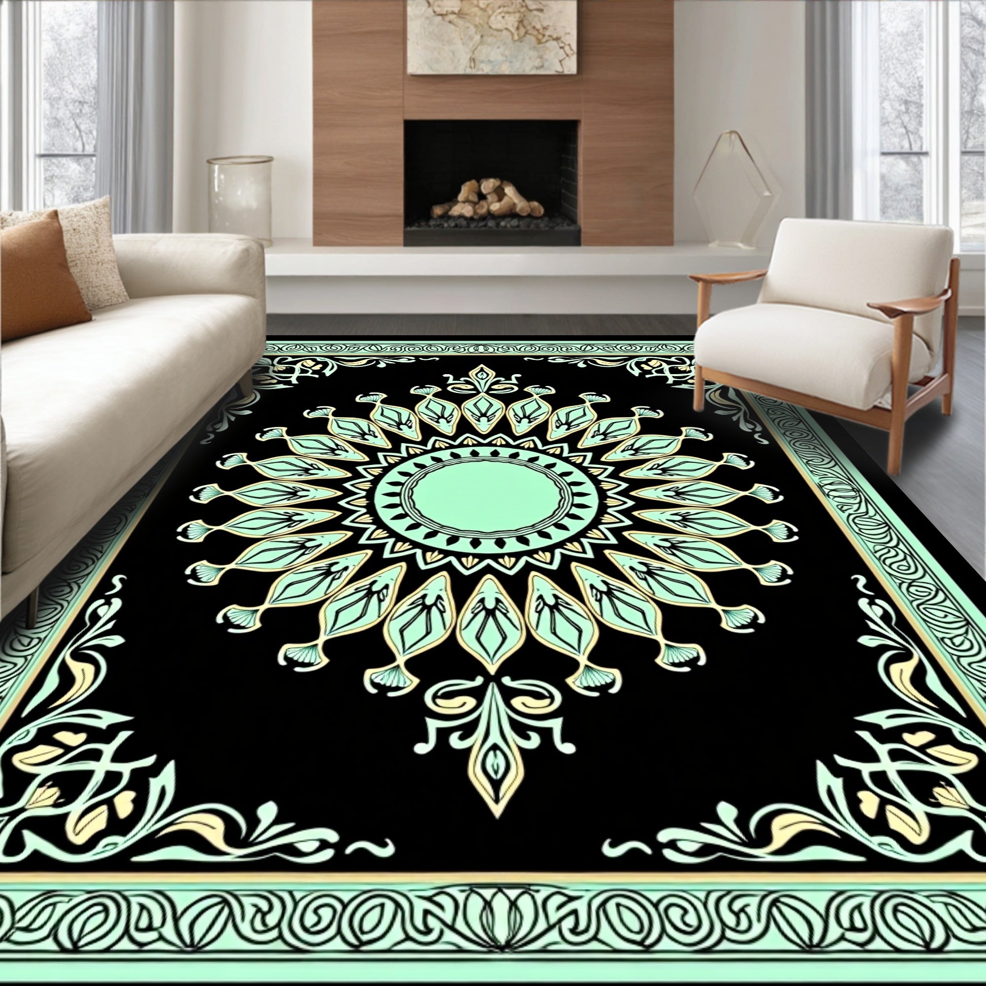 Mint Emerald Black Symmetrical Sun Rug
