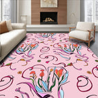 Pink Floral Whimsical Outline Pattern Rug