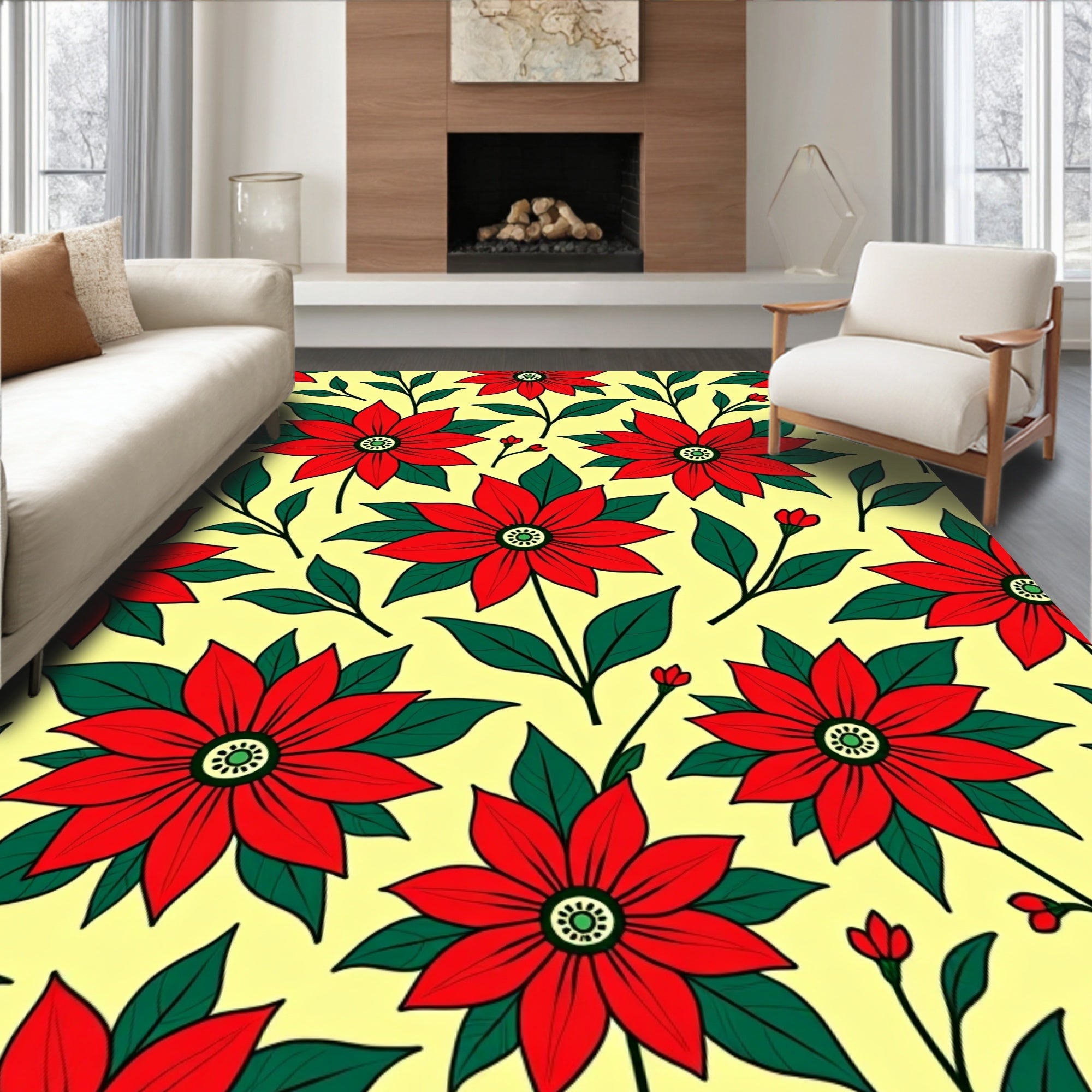 Floral Red And Green Pattern Rug