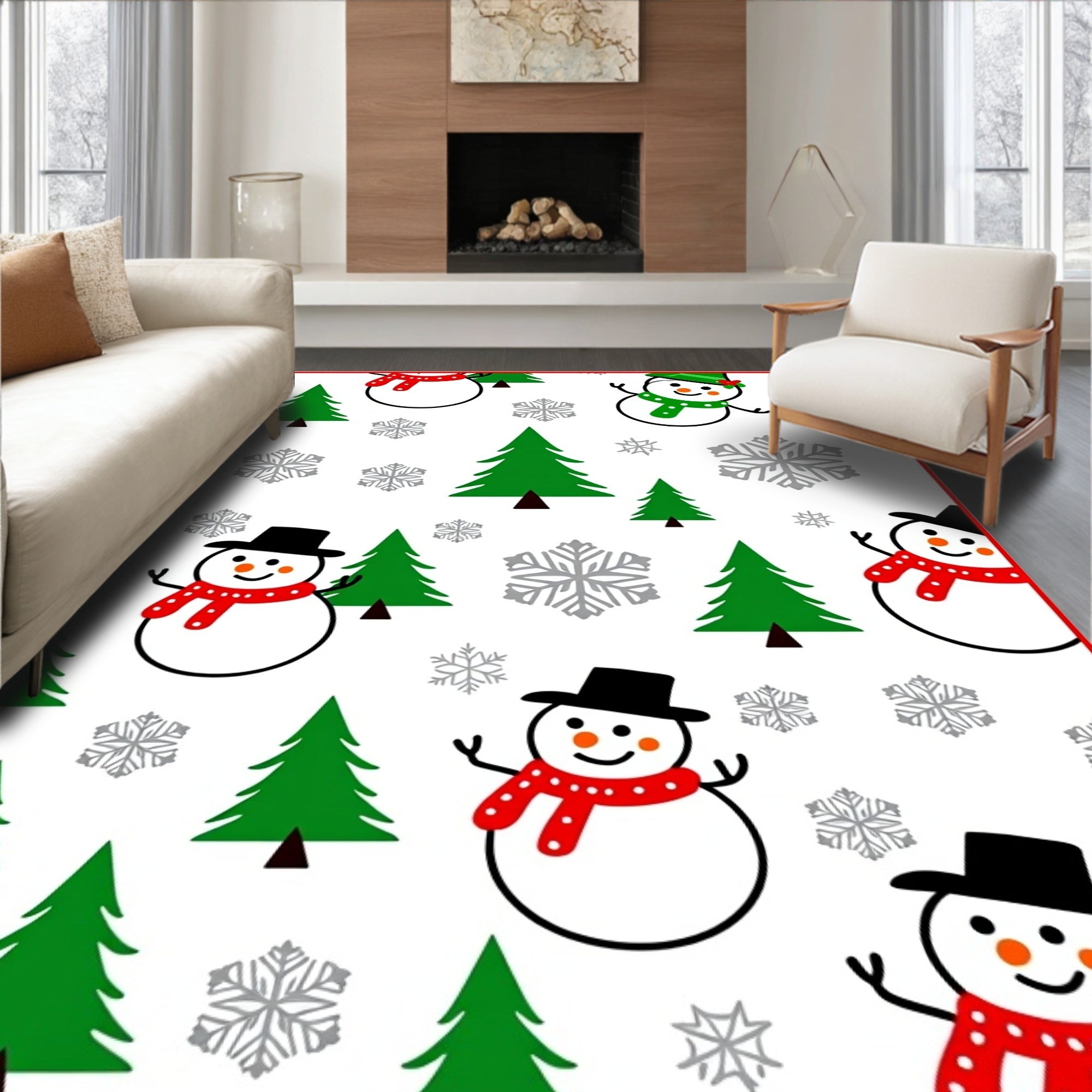 Whimsical Snowman Christmas Tree Snowflakes Rug