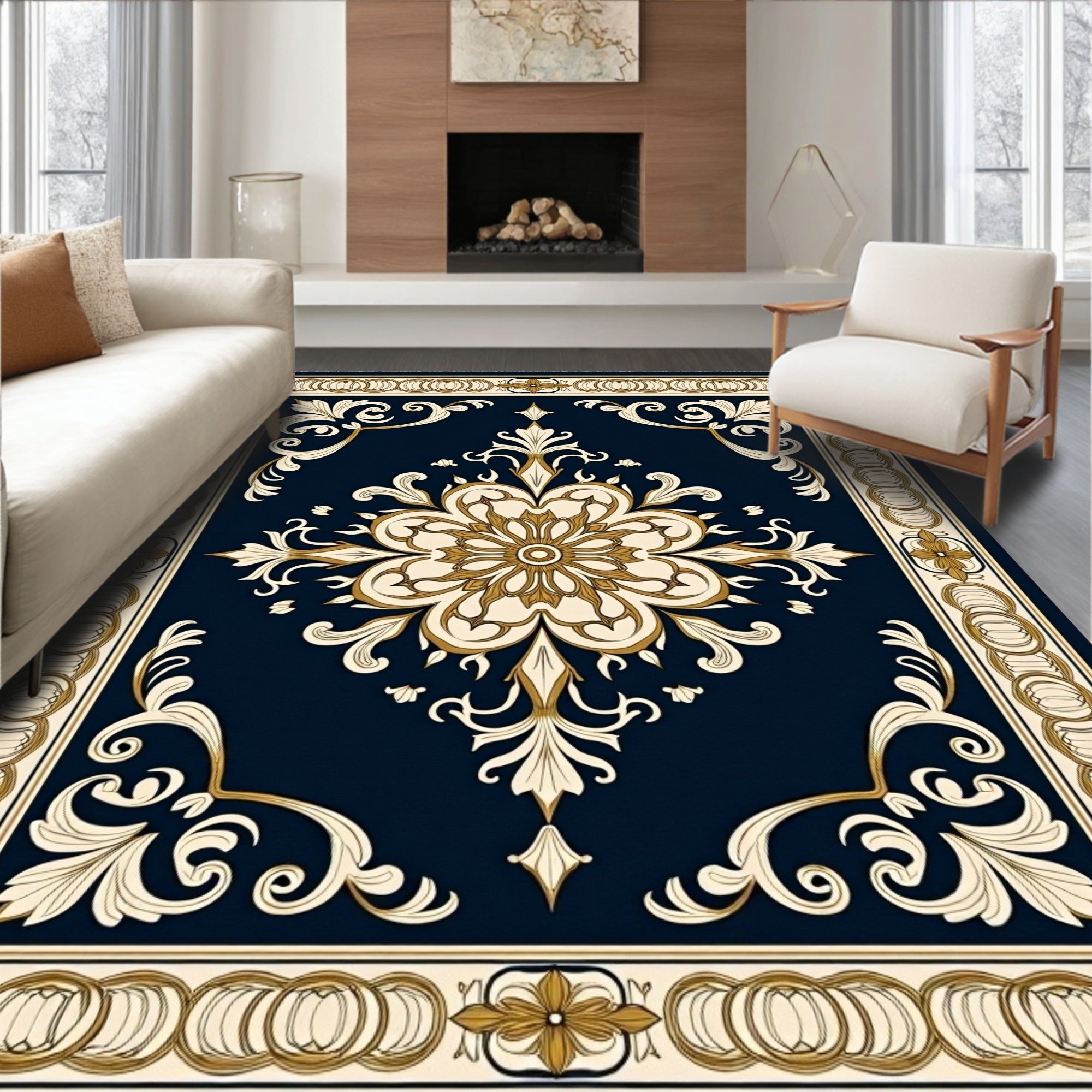 Deep Blue Gold Floral Medallion Design Rug