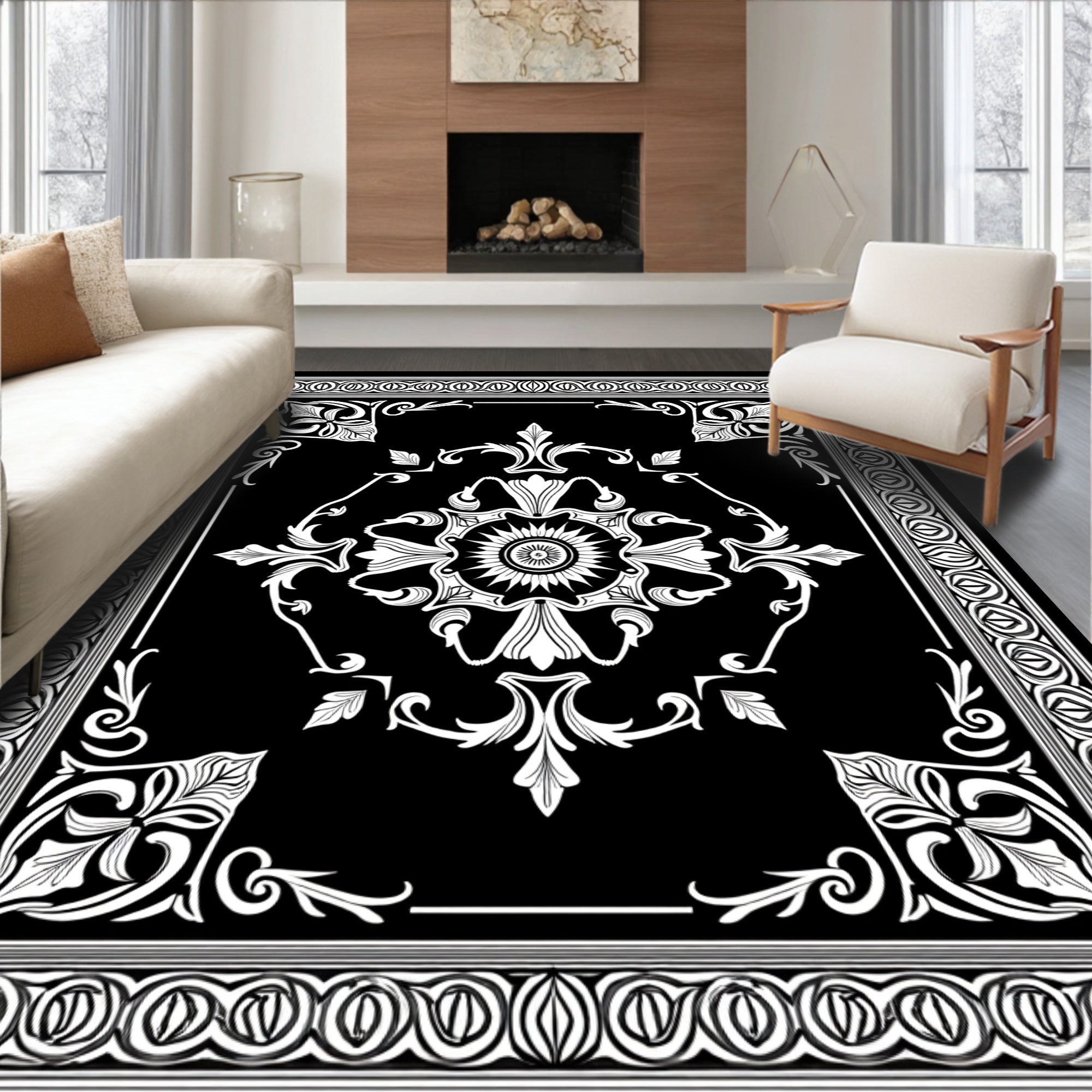 Ornate Black White Floral Medallion Rug