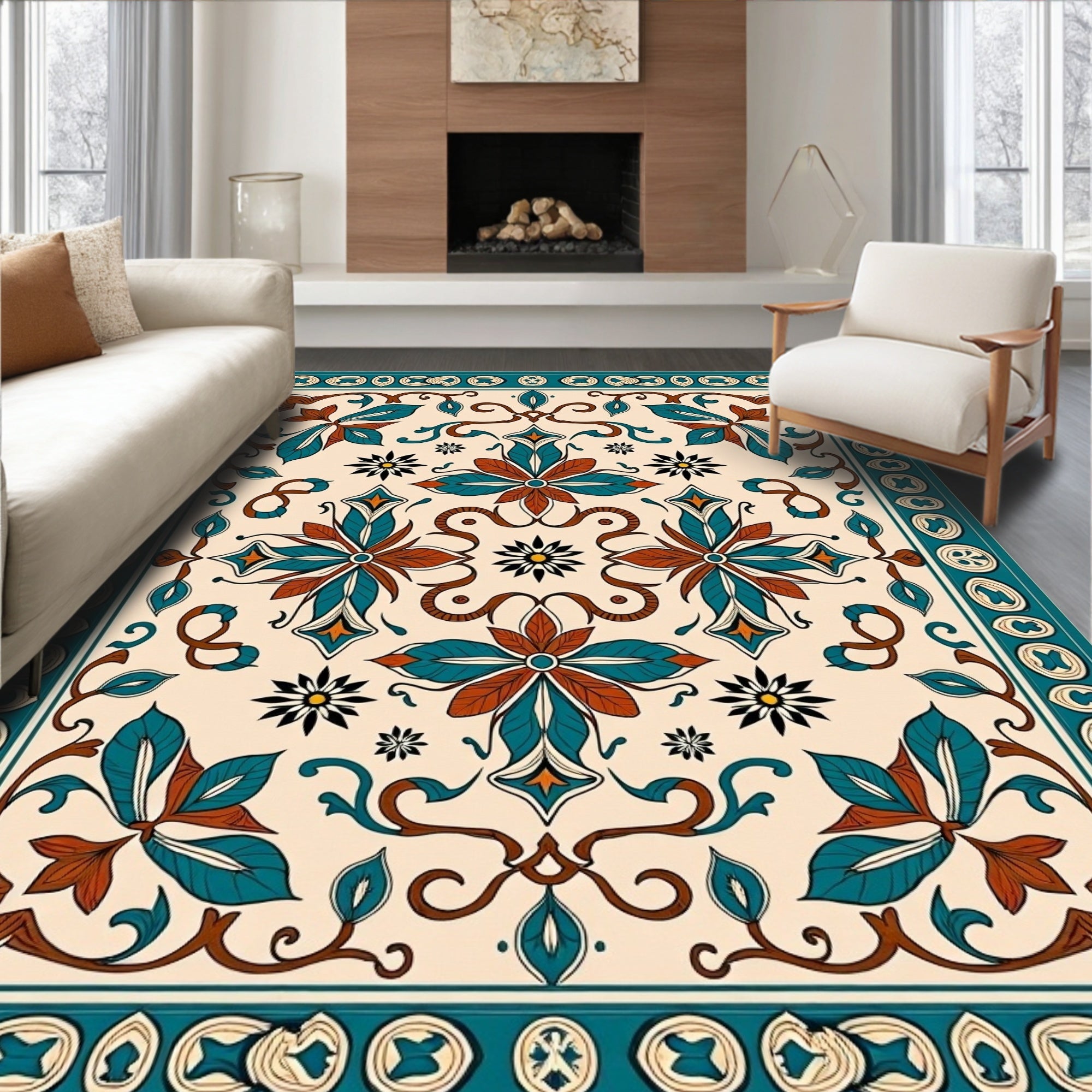 Classic Floral Medallion Ivory Teal Rug