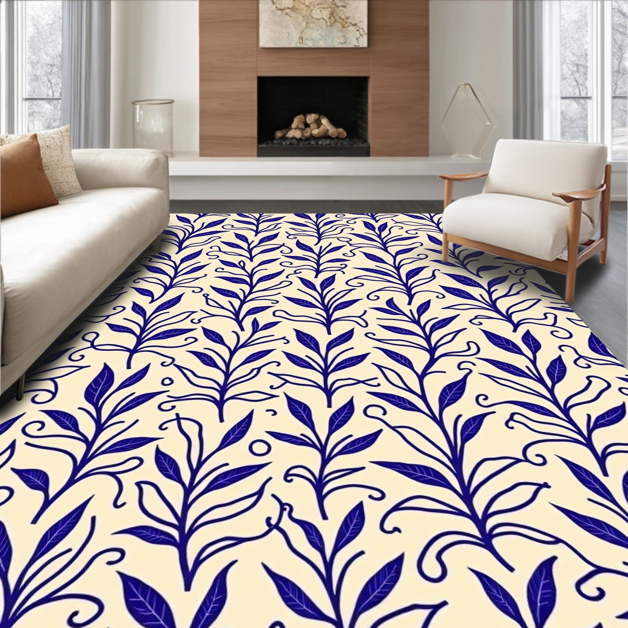 Blue Botanical Vine Pattern Rug