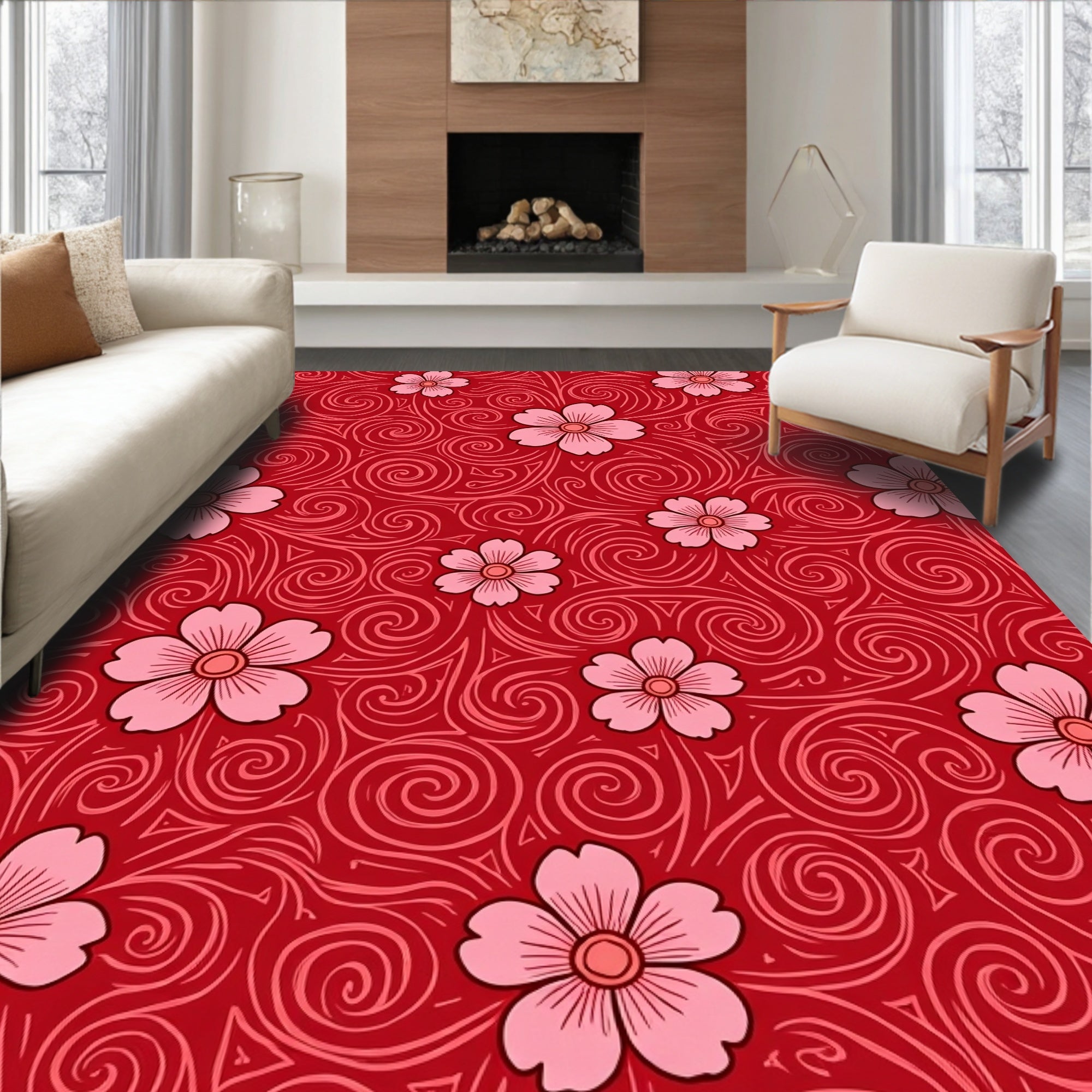 Red Floral Swirls Pattern Rug