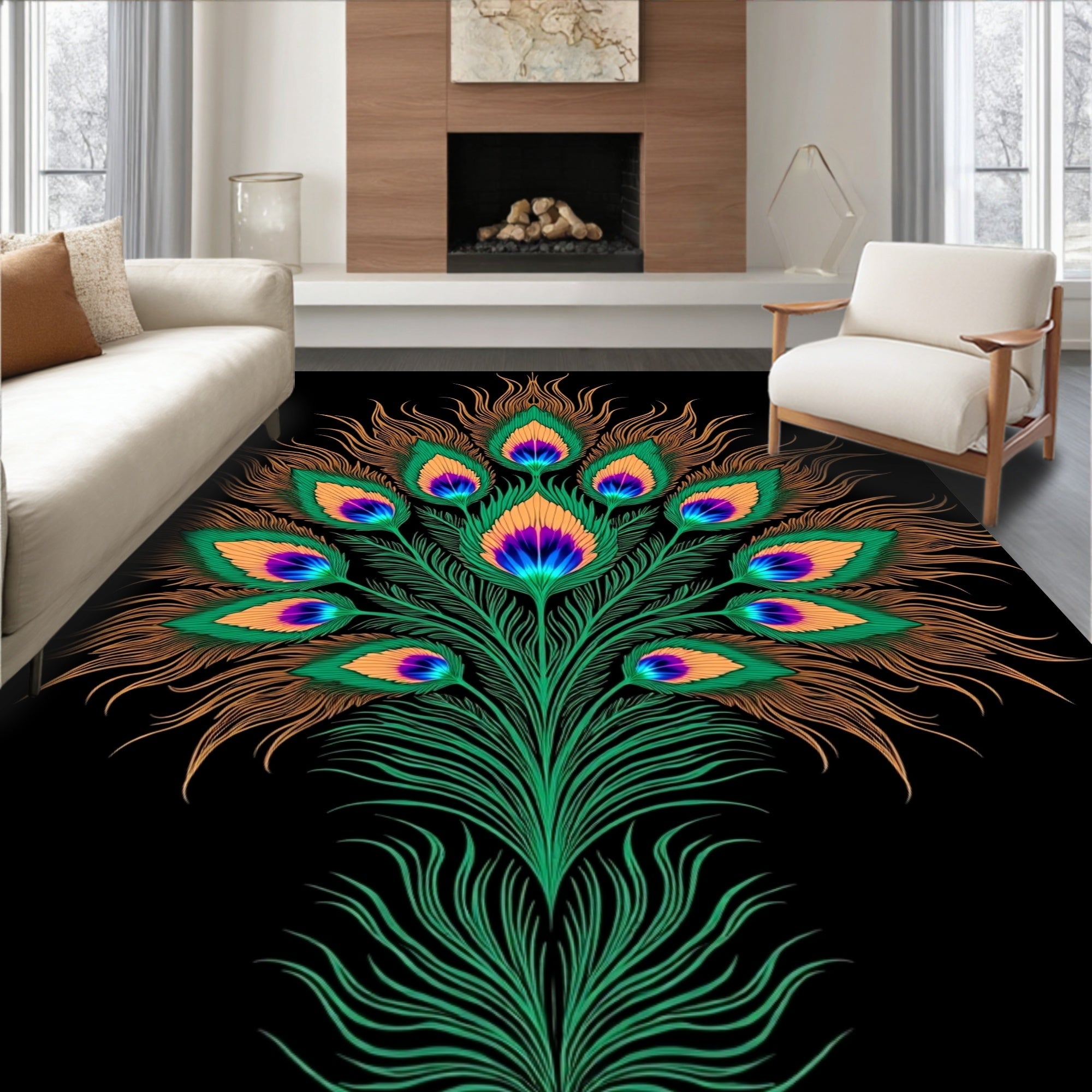 Vibrant Peacock Feather Floral Design Rug