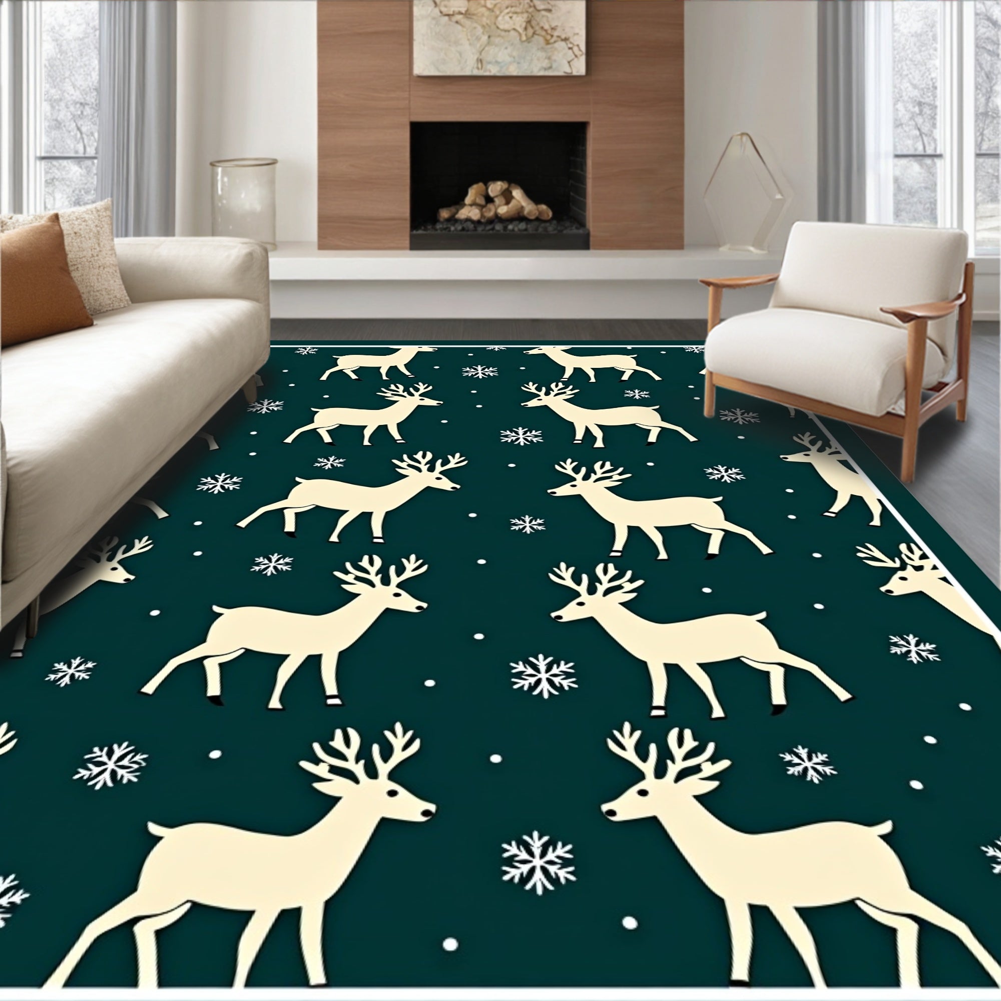 Cream Reindeer Snowy Teal Landscape Rug