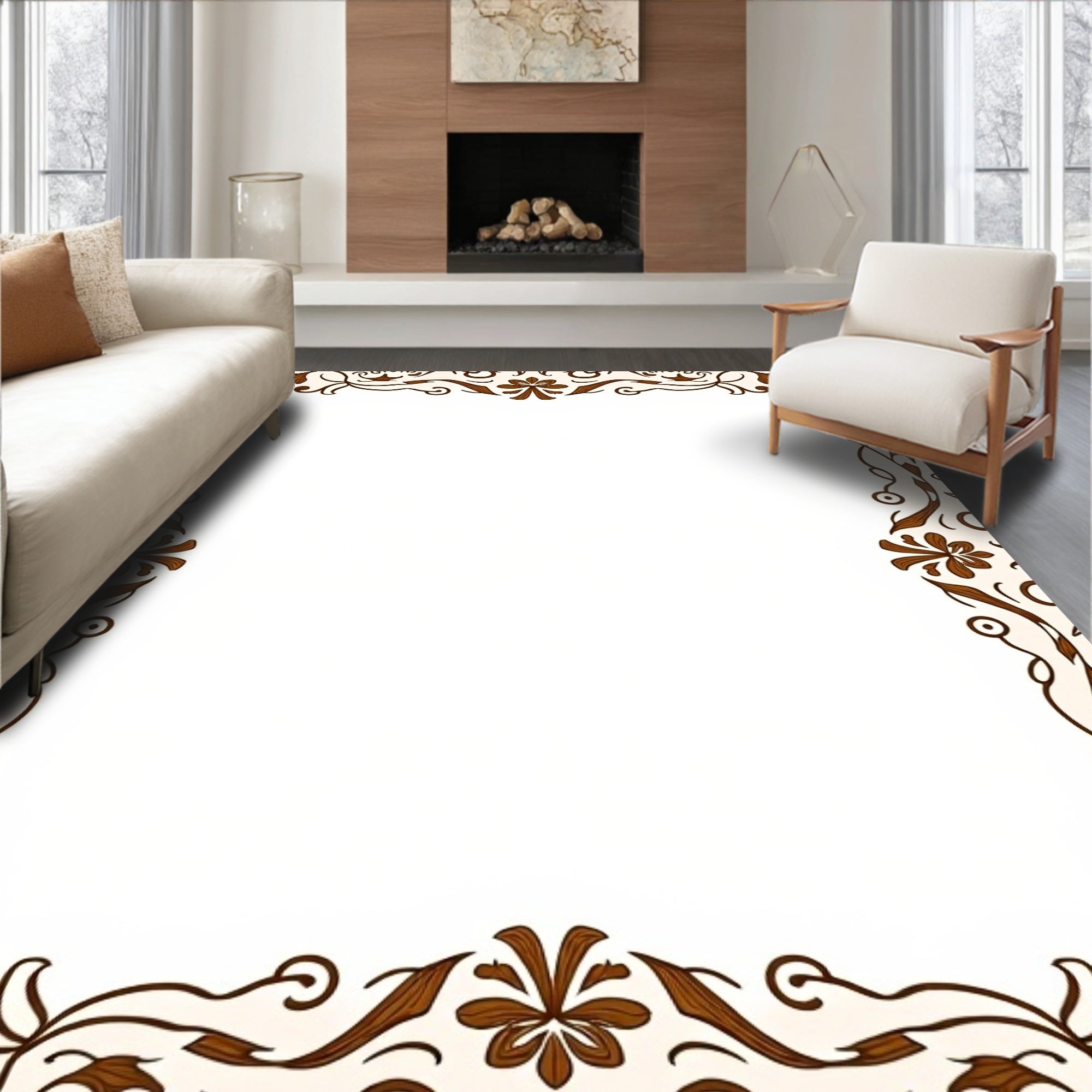 Ornate Floral Scrollwork Border Design Rug