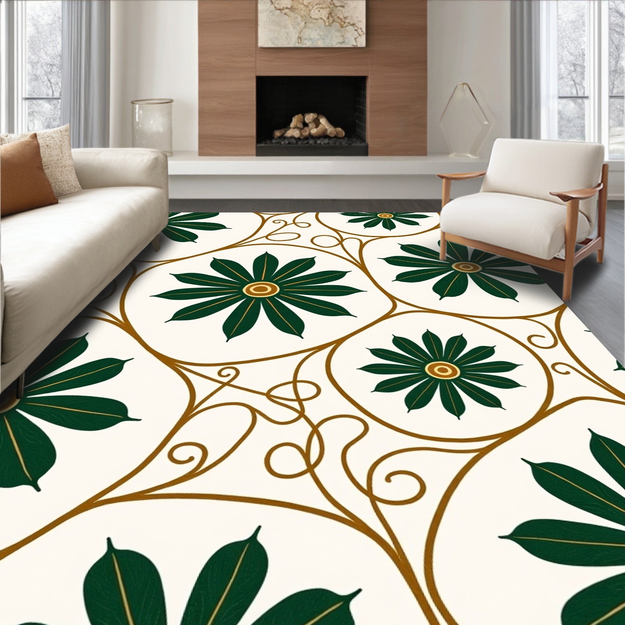 Elegant Green Flower Vine Motif Rug
