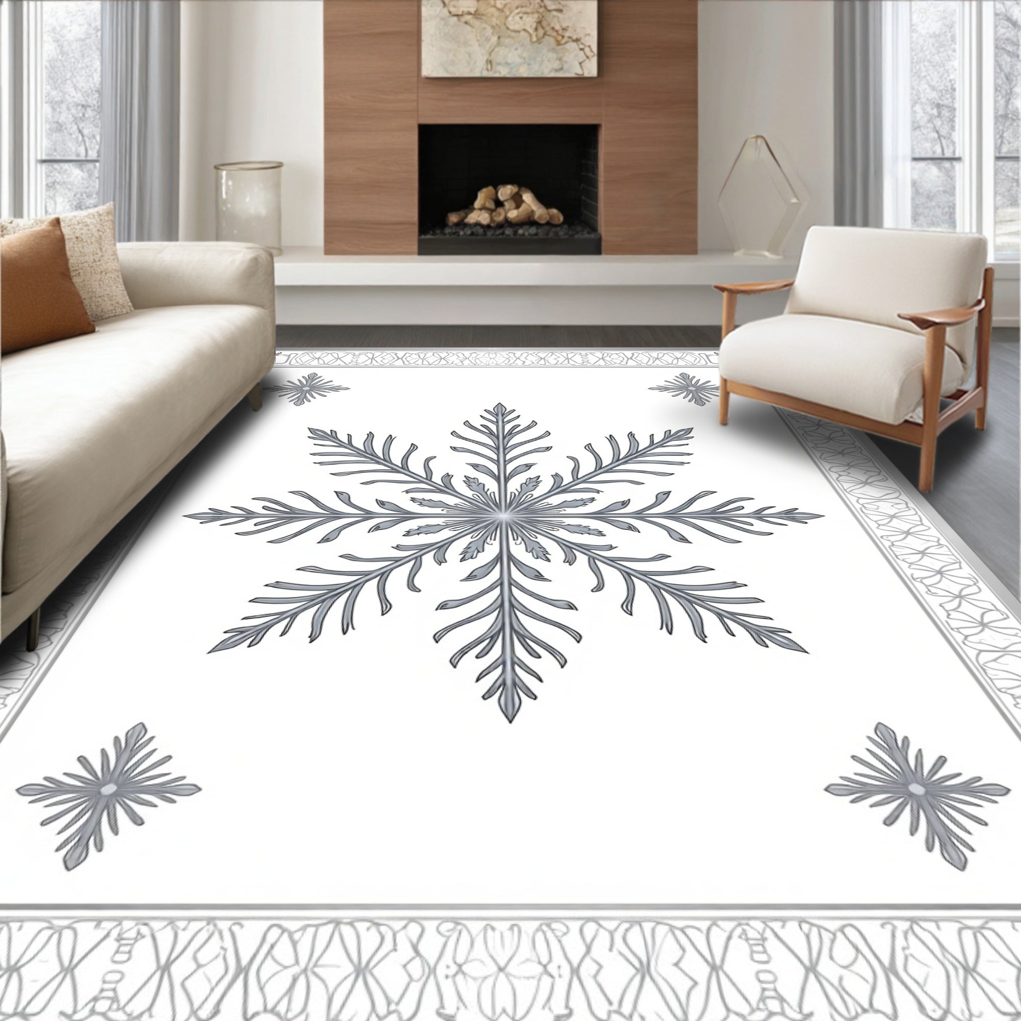 Elegant Snowflake Patterned Border Rug
