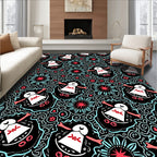 Whimsical Black Teal Figures Floral Rug