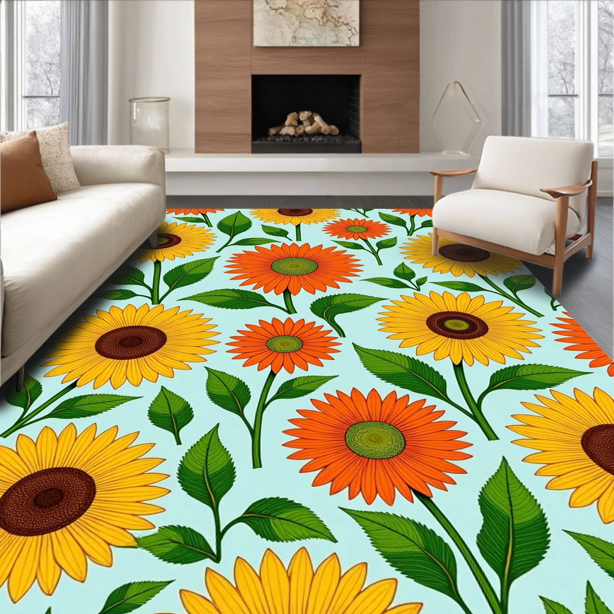 Sunny Yellow Orange Flower Pattern Rug