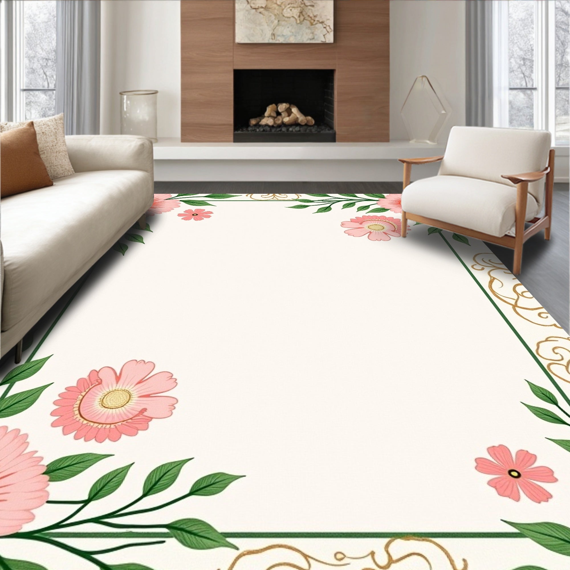 Pink Floral Vines With Gold Accents Rug