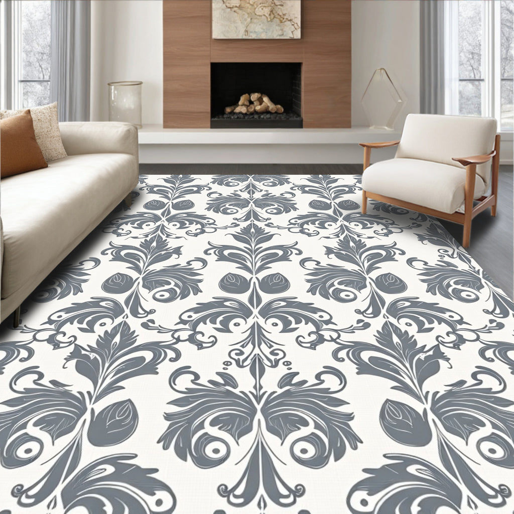 Classic Grey Damask Floral Pattern Rug