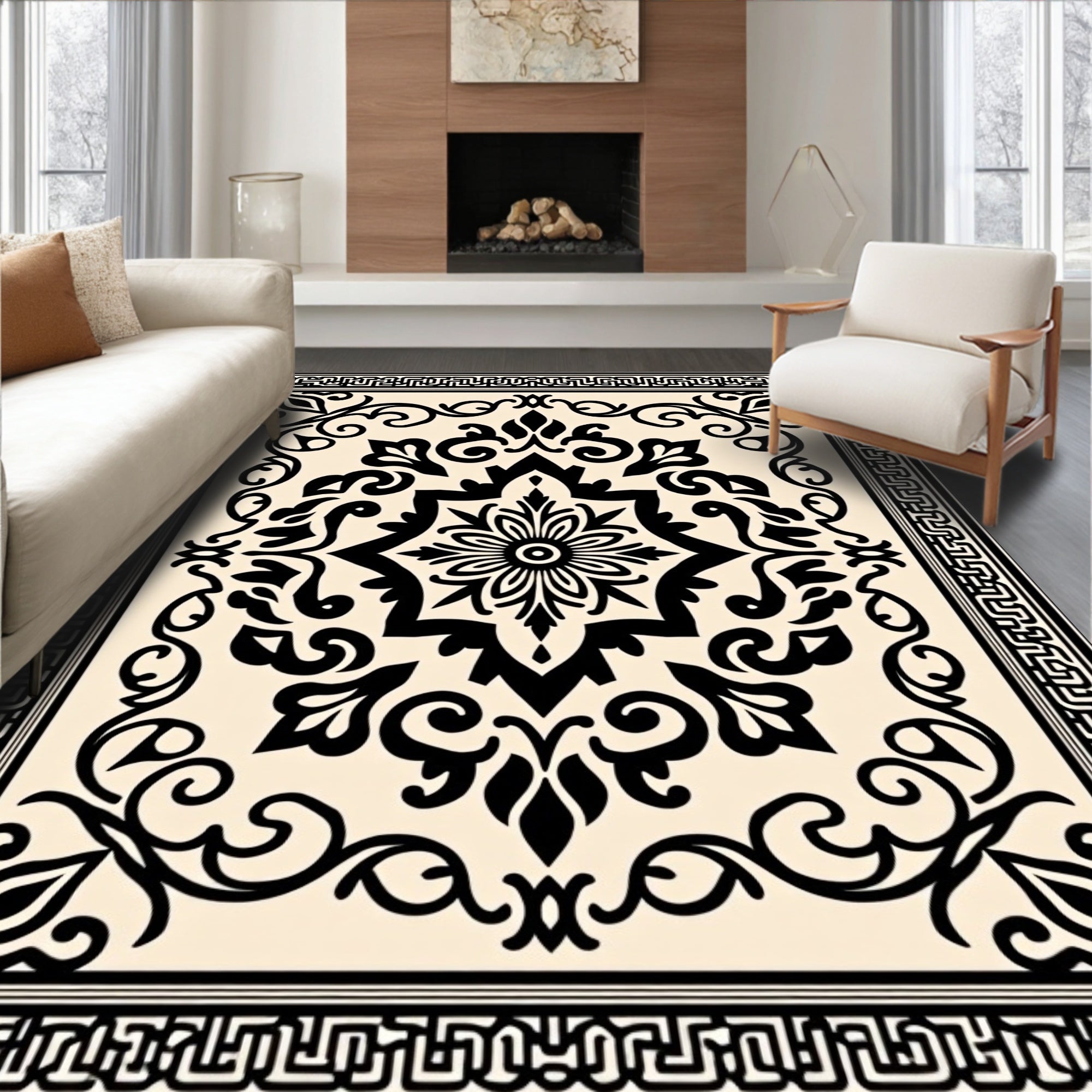 Vintage Floral Medallion Scroll Border Rug