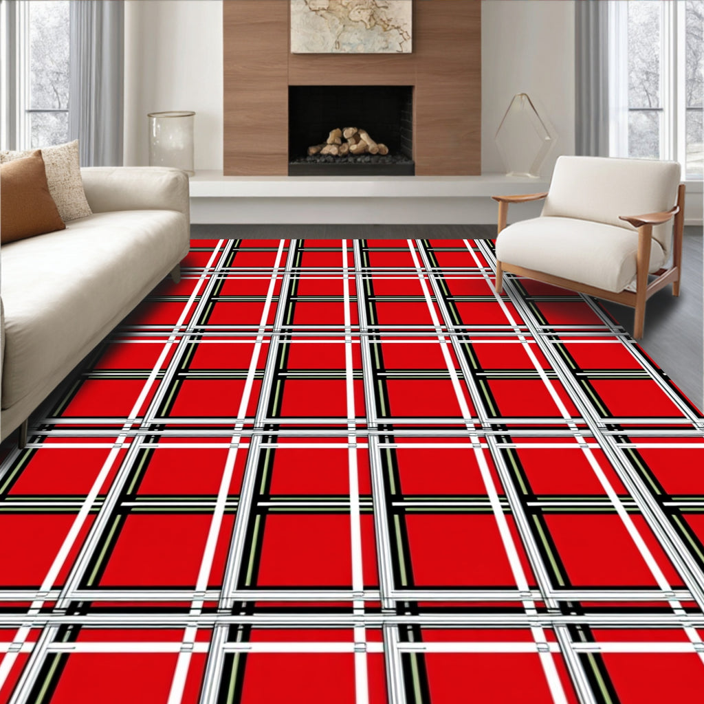 Bold Red Plaid Pattern Design Rug