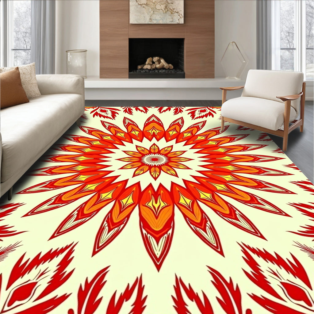 Fiery Red Yellow Floral Mandala Rug