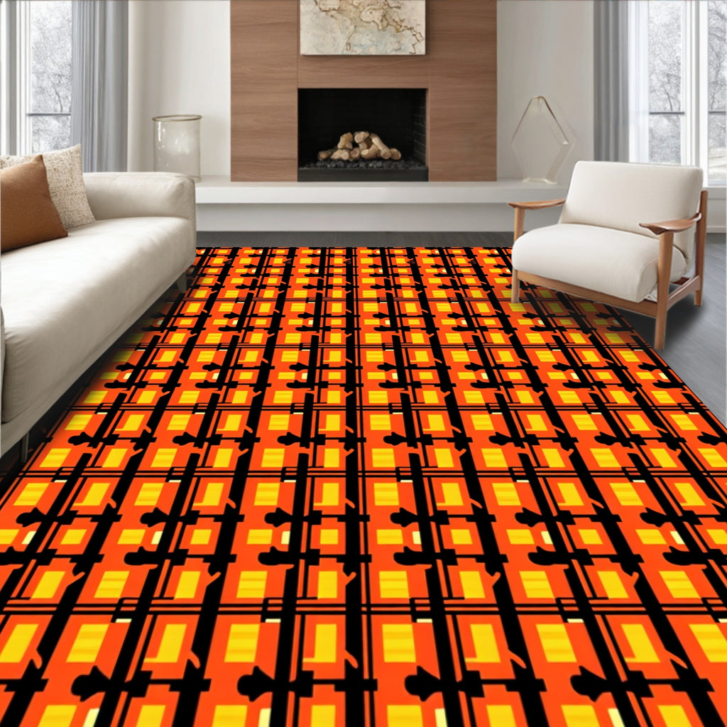 Bold Orange Yellow Plaid Design Rug