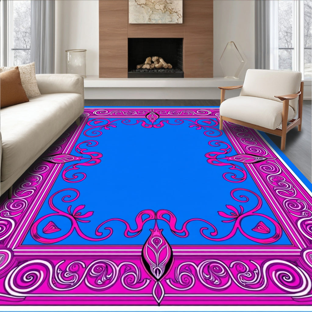 Vibrant Pink Swirl Bordered Blue Rug