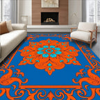 Bright Blue Orange Floral Medallion Border Rug