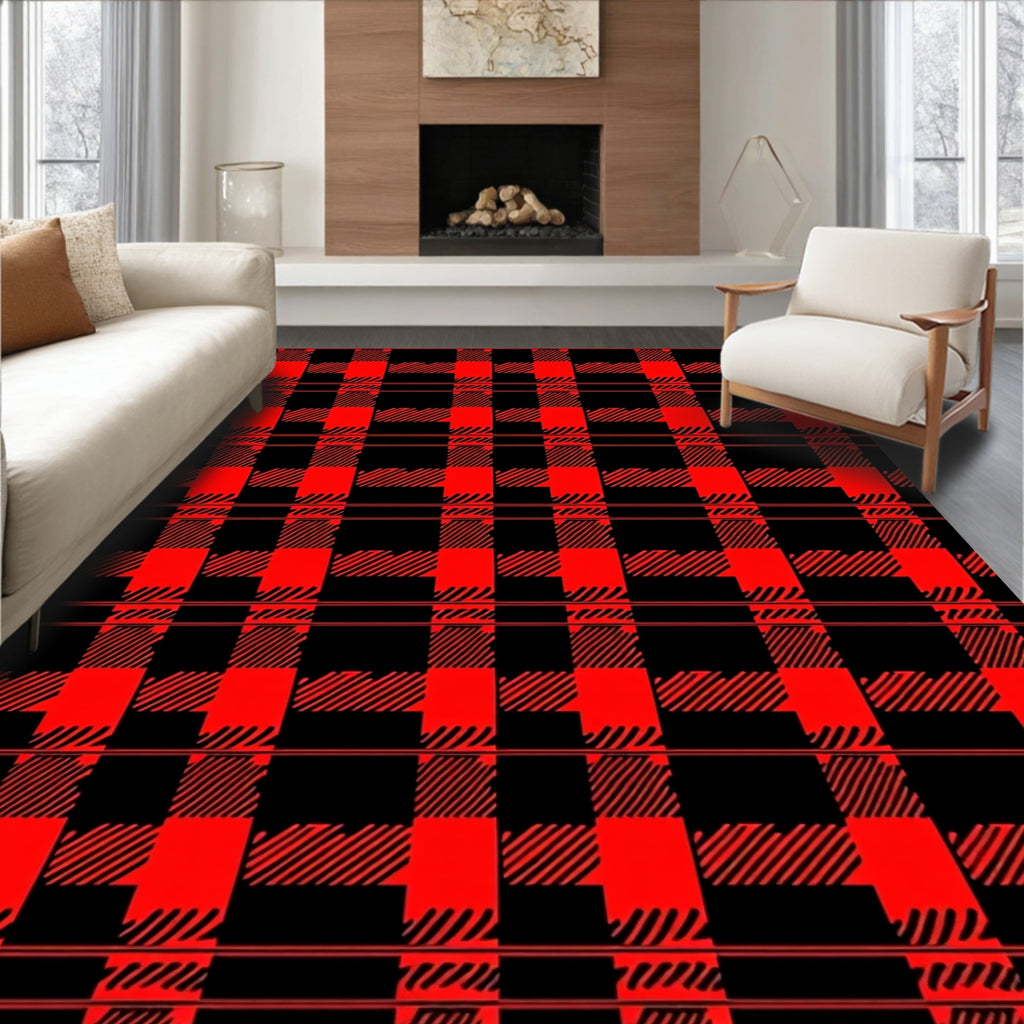 Bold Red Black Plaid Check Rug