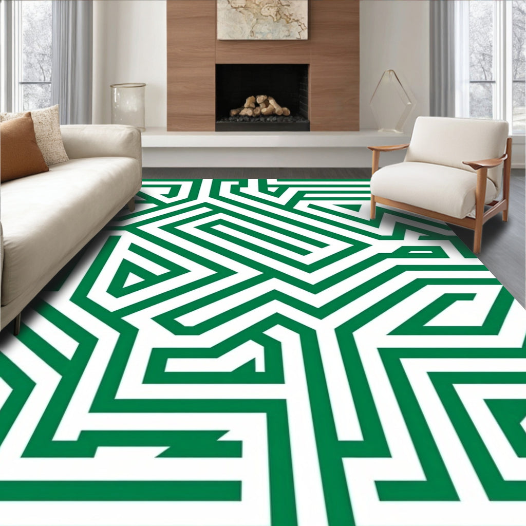 Green White Geometric Maze Pattern Rug